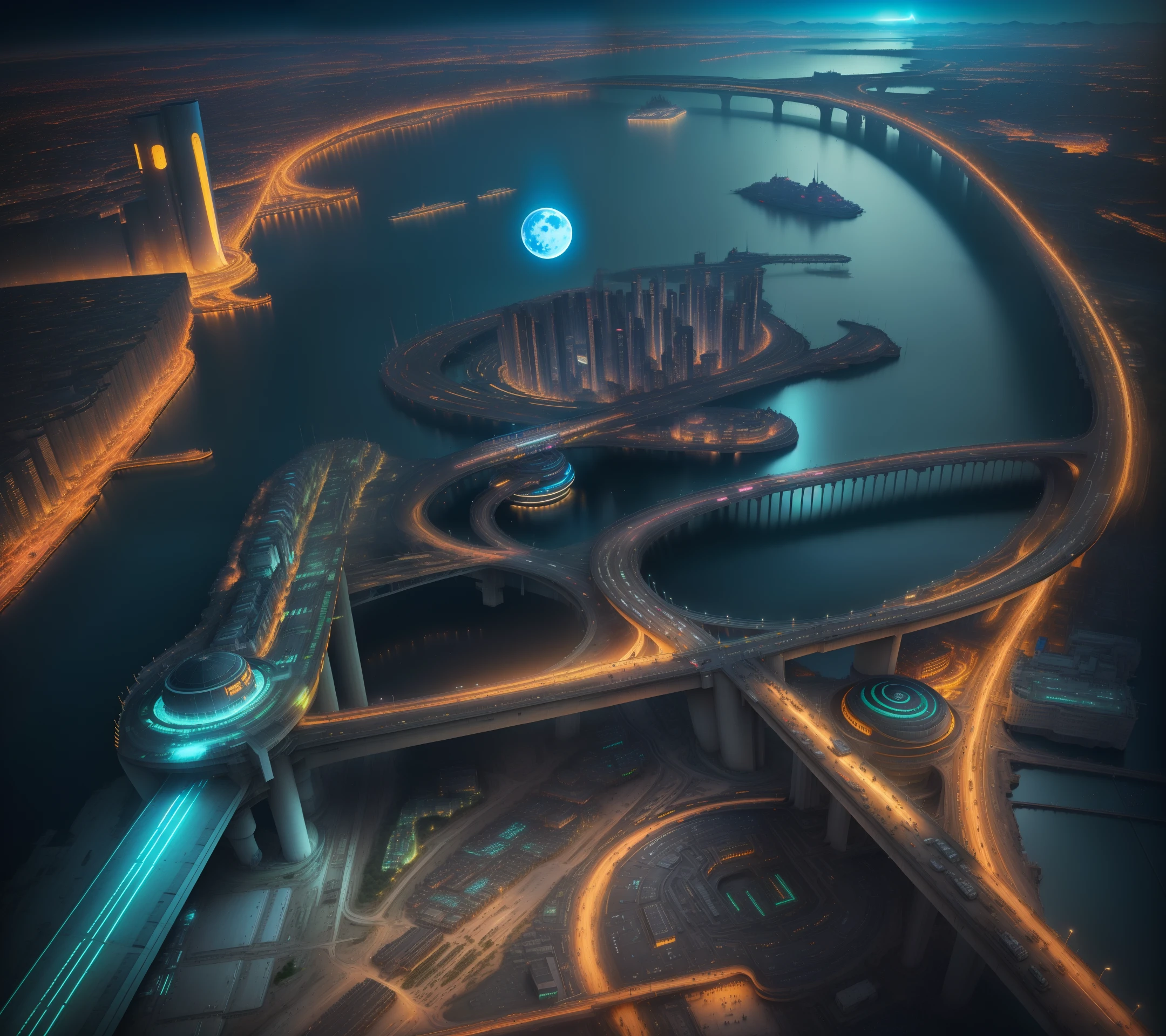 running track, tunnel, industrial, megastructure, no humans, highres, official art, realistic, science fiction, from above, yin yang, floating island, starry sky, cyberpunk, moon