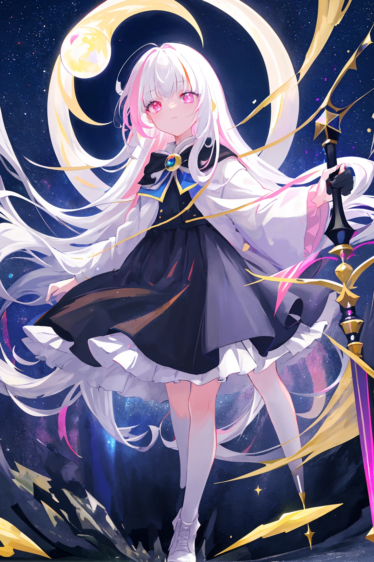 Masterpiece, Best Quality, High Quality, High Resolution, Masterpiece* Portrait, Blank, Colorful, 1girl, Solo, White Hair, Prism Hair, [Pink|Green] Eyes, Gradient Eyes, Multicolored Eyes, Glowing Eyes, Glowing , glitter, glowing white particles, wind lift, full_body, severe, staff, magic, starry sky, moon