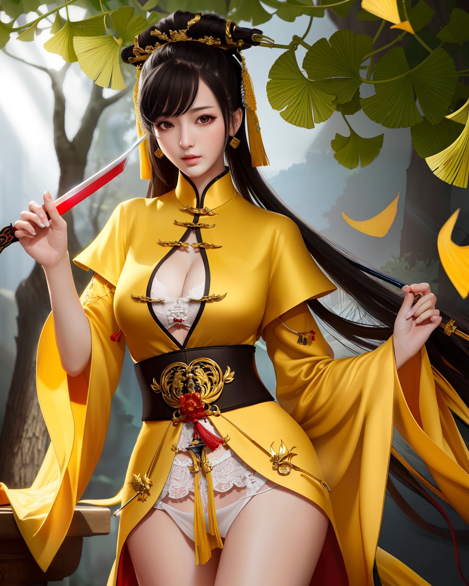 best quality, masterpiece, highres,holding sword,chinese clothes,yellow Taoist robes,beautiful face,ginkgo trees,Boobs are faint and sensual, wearing only underwear and panties