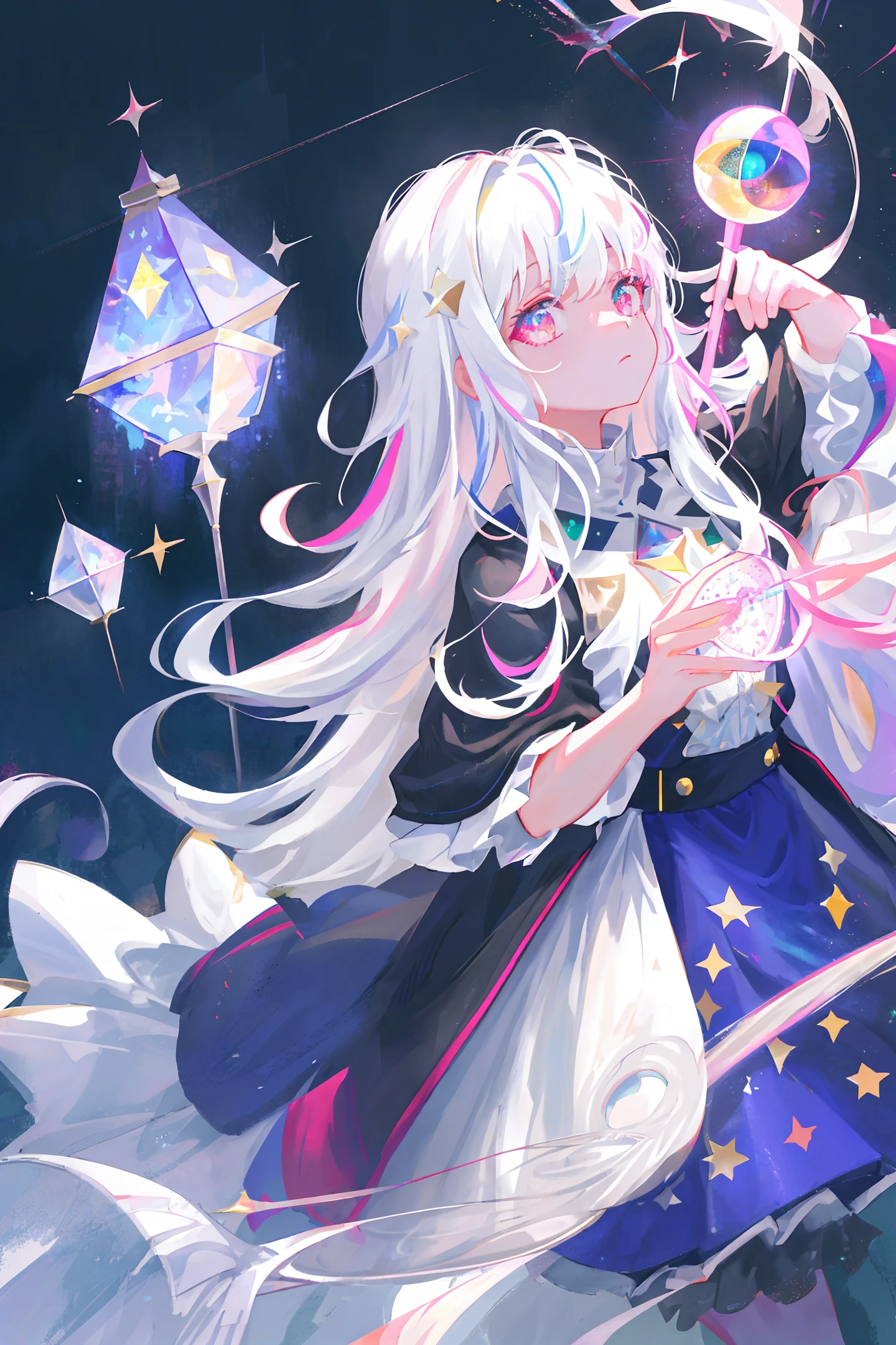 Masterpiece, Best Quality, High Quality, High Resolution, Masterpiece* Portrait, Blank, Colorful, 1girl, Solo, White Hair, Prism Hair, [Pink|Green] Eyes, Gradient Eyes, Multicolored Eyes, Glowing Eyes, Glowing , glitter, Glow Eye white particles, wind rise, full body, serious, staff, magic, starry sky, moon, jewels, colorful splash, delicate eyes, high saturation, extreme color, top detail, high resolution, high definition, 8K, Transparent fabric, holy, broken prism, real lighting, black light, prismatic hair, detailed hands, flying long hair, looking up