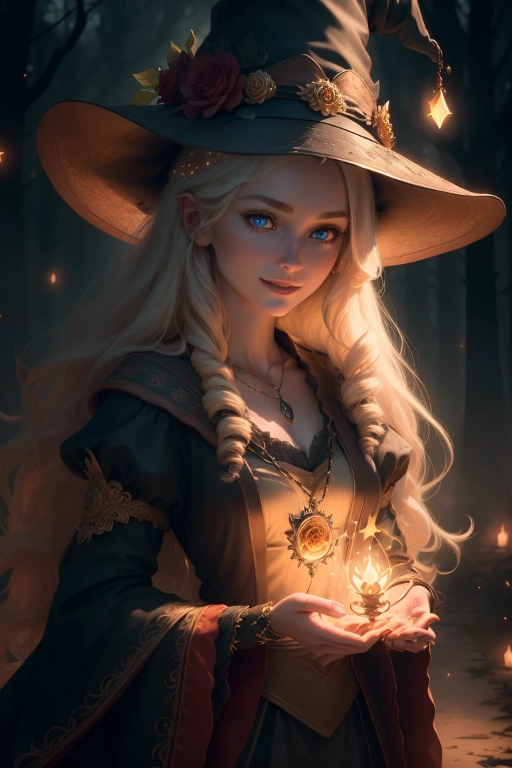 (extremely detailed CG unity 8k wallpaper, masterpiece, best quality, ultra-detailed), (an enchanting and captivating girl with a majestic witch hat, adorned with resplendent golden hair and a bewitching red rose), looking at viewer, (upper body:1.3), (dynamic angle, dazzling blue eyes, exquisite necklace, enchanting smile), (a background of magic and mystery, fireflies, glowing particles, ethereal mist, and a touch of darkness), high saturation, cinematic light, rim lighting, best shadow