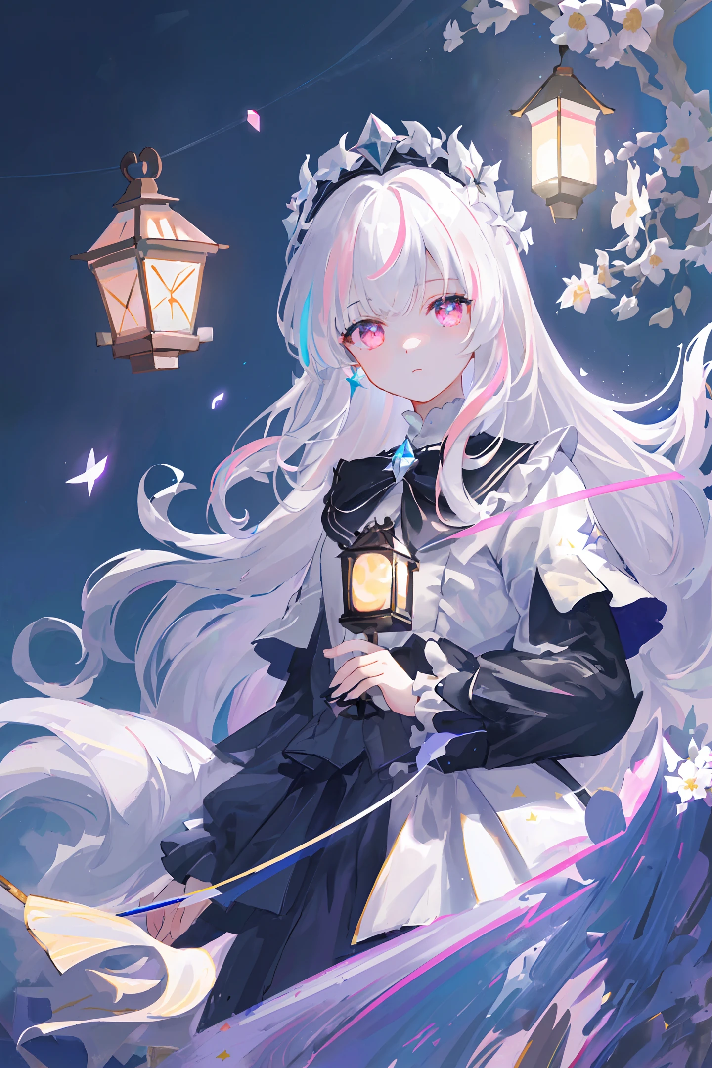Masterpiece, Best Quality, High Quality, High Resolution, Masterpiece* Portrait, Blank, Colorful, 1girl, Solo, White Hair, Prism Hair, [Pink|Green] Eyes, Gradient Eyes, Multicolored Eyes, Glowing Eyes, Glowing , glitter, Glow Eyes, (white luminous particles surround the whole body 1.2), (wind blowing: 1.4), whole body, earnest, (staff: 1.2), magic, (starry sky: 1.5), (moon: 1.2), gems, (colorful splash: 1.5), Refined Eyes, Pupil Detail, High Saturation, Vibrant Colors, Top Detail, High Resolution, (HD: 1.2), (8K: 1.2), (Opacity: 1.2), Divine, Broken Prism, Real Lighting, black lights, (clock: 0.7), (prism: 1.2), (five fingers: 1.5) (flowing long hair: 1.2), overlooking, (white flower: 1.1), (pale pink flower: 1.3), (lantern: 1.2 ), (Detail Hands: 1.5), (Symmetrical Eyes: 1.2), (Fine Details: 1.3), (Stars: 1.4), (Superfine: 1.4), (Superfine CG: 1.5)