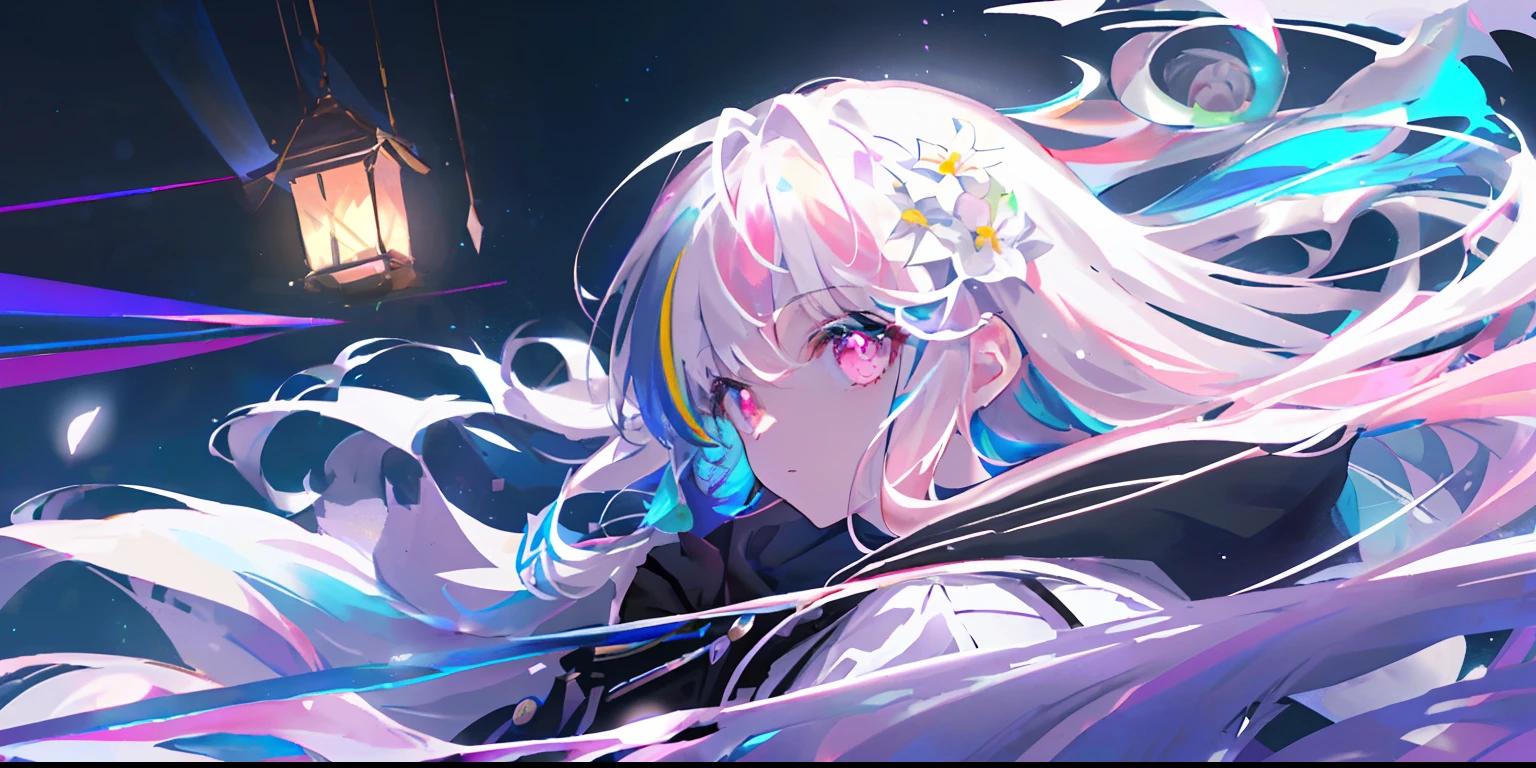 Masterpiece, Best Quality, High Quality, High Resolution, Masterpiece* Portrait, Blank, Colorful, 1girl, Solo, White Hair, Prism Hair, [Pink|Green] Eyes, Gradient Eyes, Multicolored Eyes, Glowing Eyes, Glowing , glitter, Glow Eyes, (white luminous particles surround the whole body 1.2), (wind blowing: 1.4), whole body, seriousness, (staff: 1.2), magic, (starry sky: 1.5), (moon: 1.2), gems, (colorful splash: 1.5 ), Refined Eyes, Pupil Detail, High Saturation, Vibrant Colors, Top Detail, High Resolution, (HD: 1.2), (8K: 1.2), (Opacity: 1.2), Divine, Broken Prism, Real Lighting , black light, (clock: 0.7), (prism: 1.2), (five fingers: 1.5) (flowing long hair: 1.2), overlooking, (white flower: 1.1), (pale pink flower: 1.3), (lantern: 1.2 ), (Detail Hands: 1.5), (Symmetrical Eyes: 1.2), (Fine Details: 1.3), (Stars: 1.4), (Super Fine: 1.4), (Super Fine CG: 1.5)