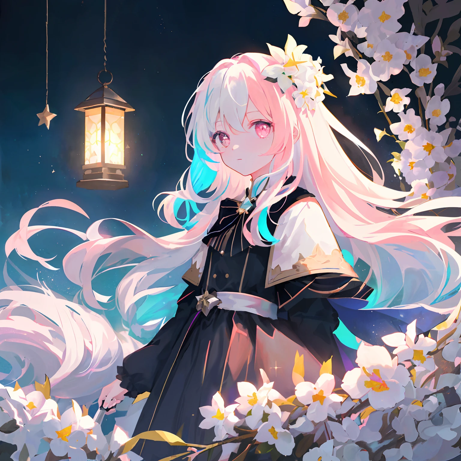 Masterpiece, Best Quality, High Quality, High Resolution, Masterpiece* Portrait, Blank, Colorful, 1girl, Solo, White Hair, Prism Hair, [Pink|Green] Eyes, Gradient Eyes, Multicolored Eyes, Glowing Eyes, Glowing , glitter, Glow Eyes, (white luminous particles surround the whole body 1.2), (wind blowing: 1.4), whole body, seriousness, (staff: 1.2), magic, (starry sky: 1.5), (moon: 1.2), gems, (colorful splash: 1.5 ), Refined Eyes, Pupil Detail, High Saturation, Vibrant Colors, Top Detail, High Resolution, (HD: 1.2), (8K: 1.2), (Opacity: 1.2), Divine, Broken Prism, Real Lighting , black lamp, (clock: 0.7), (prism: 1.2), (five fingers: 1.5) (flowing long hair: 1.2), looking down, (white flower: 1.1), (pale pink flower: 1.3), (lantern: 1.2 ), (Detail Hands: 1.5), (Symmetrical Eyes: 1.2), (Fine Details: 1.3), (Stars: 1.4), (Super Fine: 1.4), (Super Fine CG: 1.5)