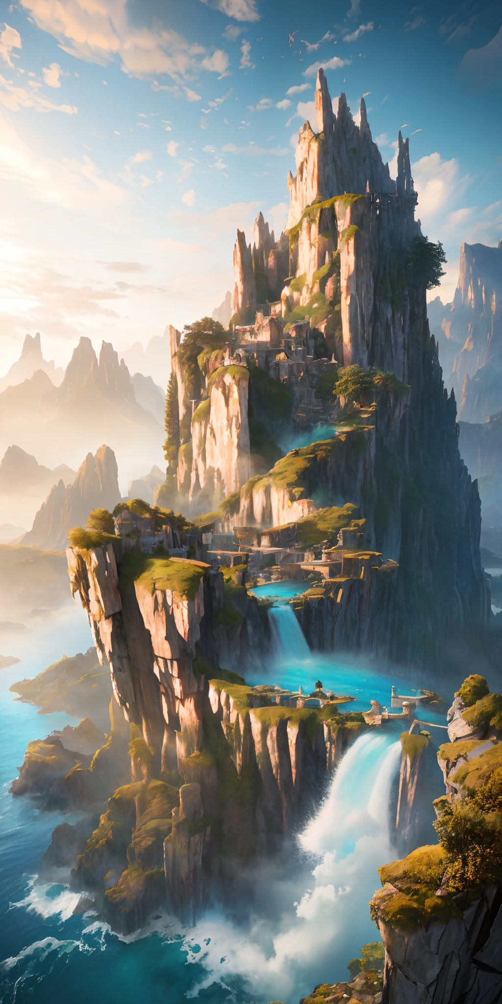 Masterpiece, best quality, high quality, extremely detailed CG unity 8k wallpaper, landscape, outdoor, sky, cloud, sky, no humans, mountain, landscape, water, tree, blue sky, waterfall, cliff, nature, lake, river , cloudy skies, award winning photography, bokeh, depth of field, HDR, bloom, chromatic aberration, photorealism, very detailed, trending on artstation, trending on CGsociety, intricate, high detail, dramatic, midjourney art