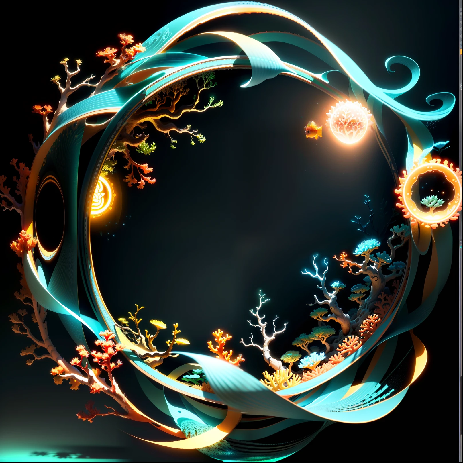 Masterpiece, best quality, (extremely detailed CG unity 8k wallpaper), (best quality), (best illustration), (best shadow), UI interface frame design adopts jungle theme ocean elements. The avatar frame is designed in a circle, surrounded by delicate corals and fish, glowing particle effects, bubbles, (UI interface frame design), (natural elements), (jungle theme), (circle), (coral), (colorful fish), (glow), (particle effect). (multiple views of the same avatar frame), isometric 3D, octane rendering, ray tracing, super detailed