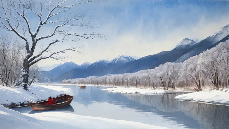 A serene landscape painting depicting a snowy river scene, surrounded by mountains and forests. In the center of the painting, an old man in a straw hat and raincoat sits alone in a small boat, holding a fishing rod. The snow falls gently around him, covering the branches of nearby trees and the surface of the river. The atmosphere is peaceful and tranquil, evoking the sense of isolation and freedom conveyed in the famous poem "A Solitary Boat in Snowy River" (千山鸟飞绝,万径人踪灭。孤舟蓑笠翁,独钓寒江雪). Created using traditional Chinese ink painting techniques or watercolor, with an emphasis on capturing the beauty and stillness of the natural world. --ar 16:9 --v 4