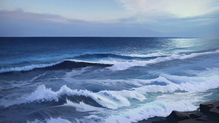A breathtaking seascape painting showcasing a moonlit night on the coast. The wind is strong and constant, causing waves to crash against rocks and cliffs. In the distance, the viewer can see the bright, white light of the full moon reflecting off the water's surface. The atmosphere is dramatic and powerful, evocative of the famous poem "Wind from the Sea" (海风吹不断,江月照还空). Created using traditional oil or acrylic painting techniques, with an emphasis on capturing the movement and power of the sea and the serene beauty of the moon. --ar 16:9 --v 4