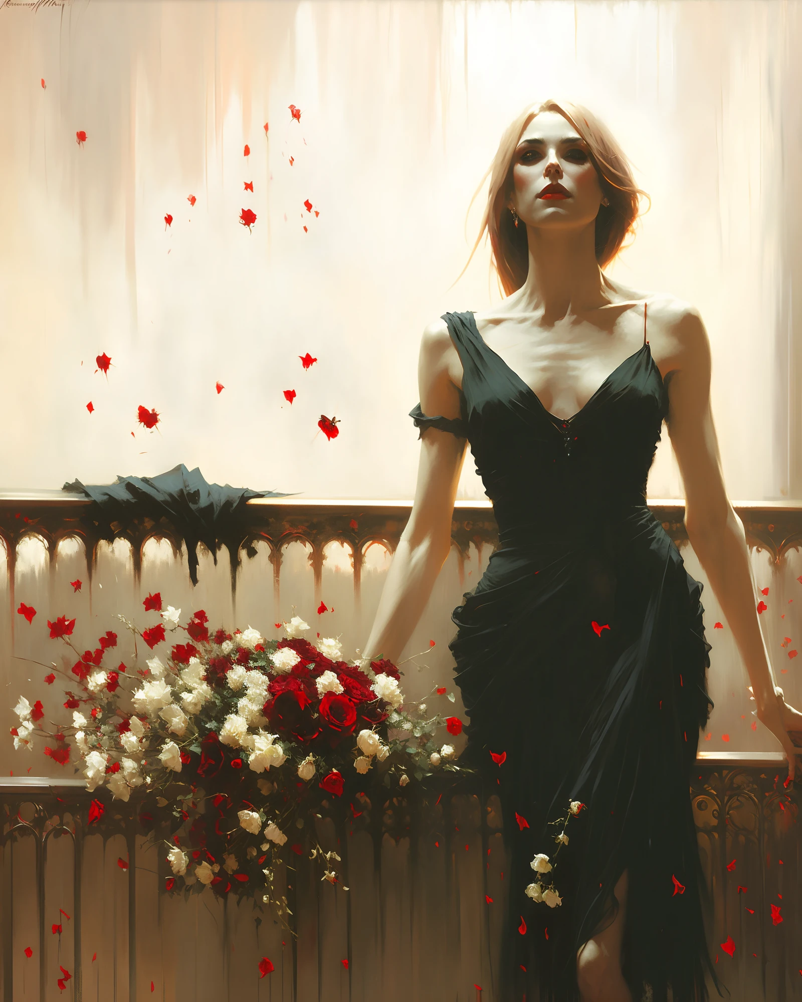 Goth, night,red light, female vampire,Bouquet in hand,red eyes, orgasmic face,Steve Henderson Fabian Perez Henry Asencio Jeremy Mann Marc Simonetti fantasy magical horror atmosphere