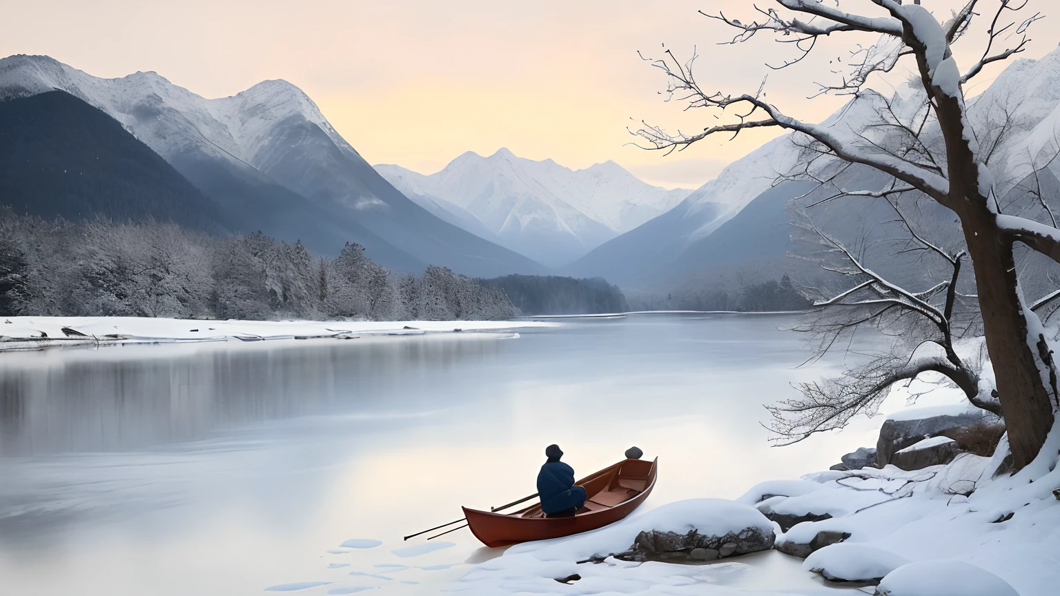 A serene landscape painting depicting a snowy river scene, surrounded by mountains and forests. In the center of the painting, an old man in a straw hat and raincoat sits alone in a small boat, holding a fishing rod. The snow falls gently around him, covering the branches of nearby trees and the surface of the river. The atmosphere is peaceful and tranquil, evoking the sense of isolation and freedom conveyed in the famous poem "A Solitary Boat in Snowy River" (千山鸟飞绝，万径人踪灭。孤舟蓑笠翁，独钓寒江雪). Created using traditional Chinese ink painting techniques or watercolor, with an emphasis on capturing the beauty and stillness of the natural world. --ar 16:9 --v 4