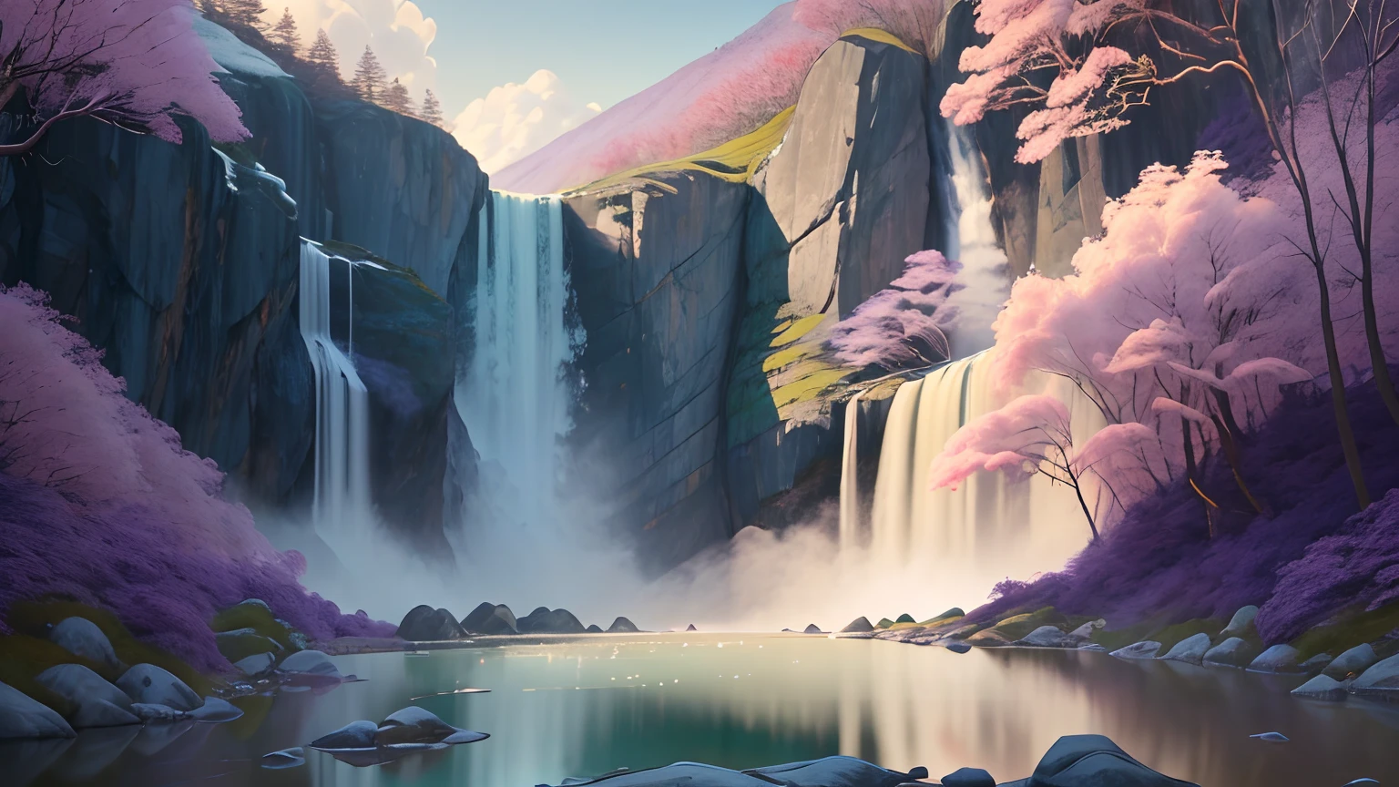 A picturesque landscape painting showcasing a mountainous region with a waterfall cascading into a river. The sun shines brilliantly in the sky, casting warm rays of light over the landscape and creating a haze of purple smoke rising from an incense burner in the foreground. In the distance, the viewer can see the majestic waterfall and the misty spray it creates as it crashes into the river below. The atmosphere is peaceful and serene, evocative of the famous poem "Viewing the Waterfall at Mount Lu" (日照香炉生紫烟,遥看瀑布挂前川). Created using traditional Chinese ink painting techniques or watercolor, with an emphasis on capturing the beauty and tranquility of nature. --ar 16:9 --v 4