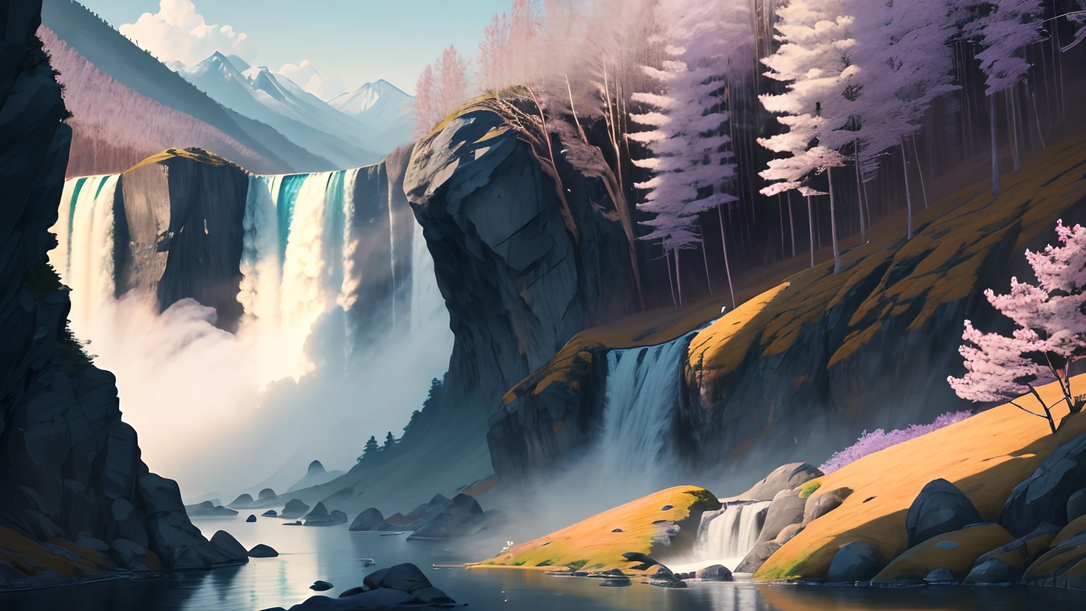 A picturesque landscape painting showcasing a mountainous region with a waterfall cascading into a river. The sun shines brilliantly in the sky, casting warm rays of light over the landscape and creating a haze of purple smoke rising from an incense burner in the foreground. In the distance, the viewer can see the majestic waterfall and the misty spray it creates as it crashes into the river below. The atmosphere is peaceful and serene, evocative of the famous poem "Viewing the Waterfall at Mount Lu" (日照香炉生紫烟,遥看瀑布挂前川). Created using traditional Chinese ink painting techniques or watercolor, with an emphasis on capturing the beauty and tranquility of nature. --ar 16:9 --v 4
