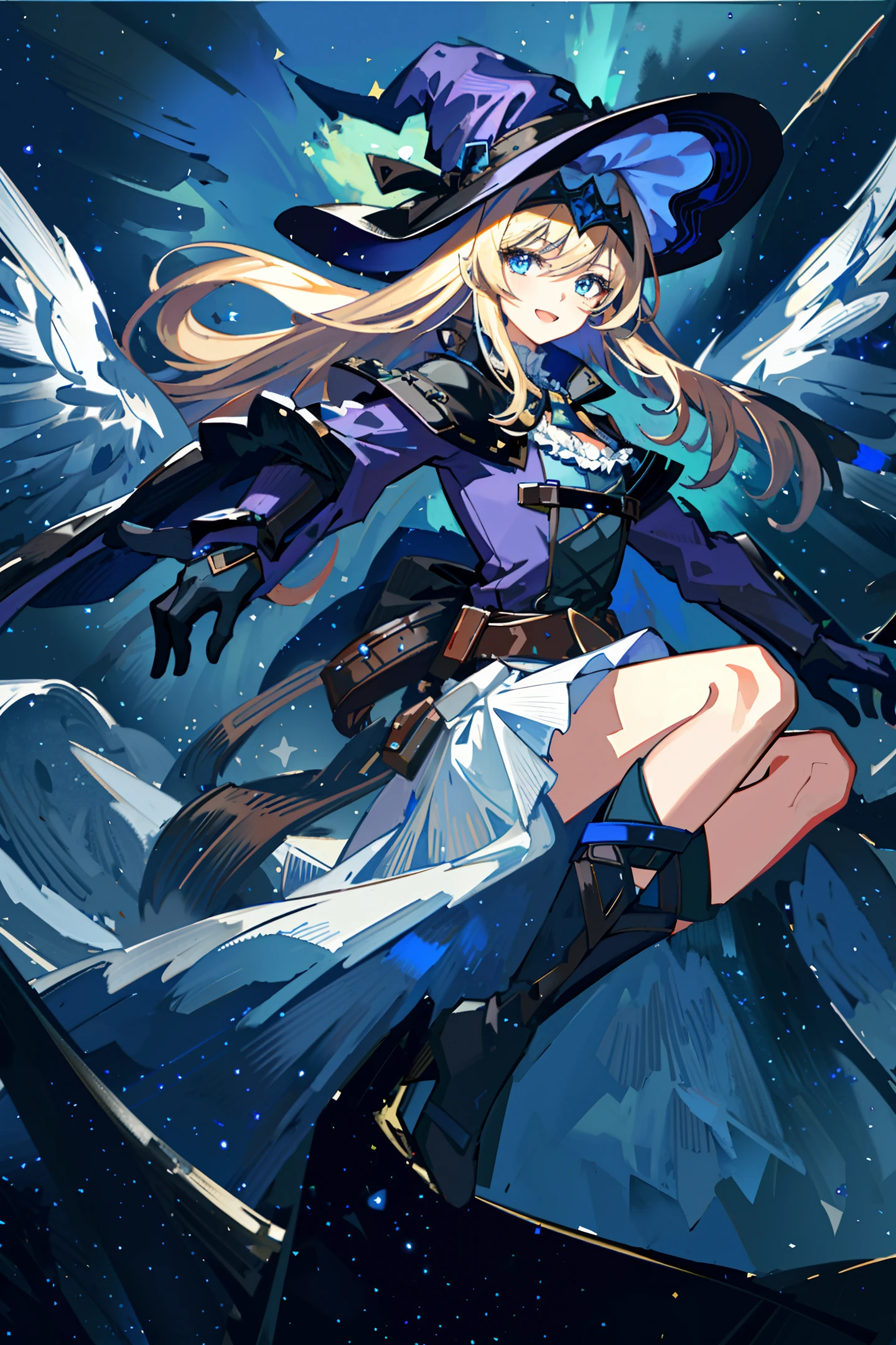 ((masterpiece:1.2, best quality)), 1girl, solo, (witch hat), blonde, long hair, skirt, aurora, night, stars (sky), gloves, sky, white skirt, night sky, mouth open, starry sky, blue eyes, ribbon, long hair, red dress, smile, headband, cloak, blue hair, (bird), magic, spellcasting, dark clouds, night, (Impressionist: 1.4), (Tarot: 1.3), Al François Mucha,