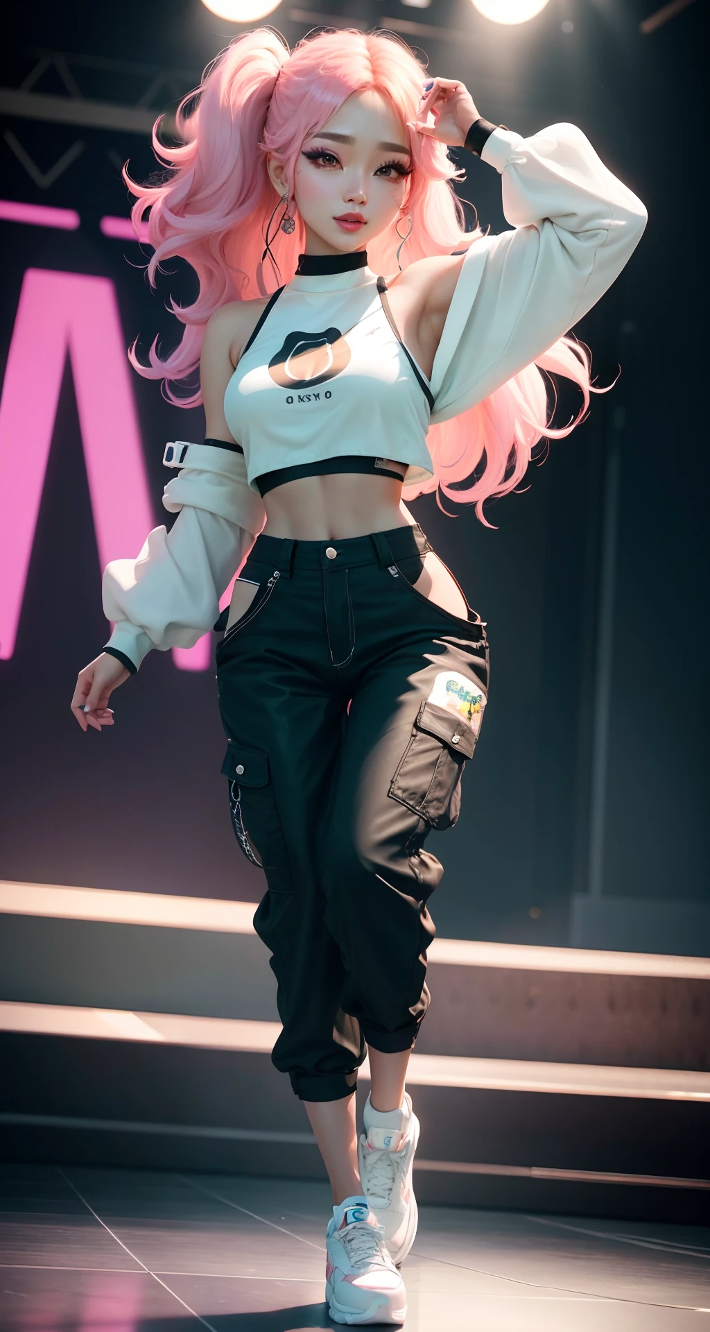 3d cute, toy, {full body:1.5}, crop top, kpop idol, kpop, dance clothes, baggy pants, strapless, {{masterpiece}}, {{best quality}}, {{very detailed CG unity 8k wallpaper}},{{{rating:safe}}},{{{1girl}}},{{solo}},{{long_hair}},looking_at_viewer,makeup,eyelashes, best quality, ultra high res , (photorealistic:1.4 ),1woman, high detailed ,8k, pure white background, cute, (Kpop idol), (aegyo sal:1), ((puffy eyes)),