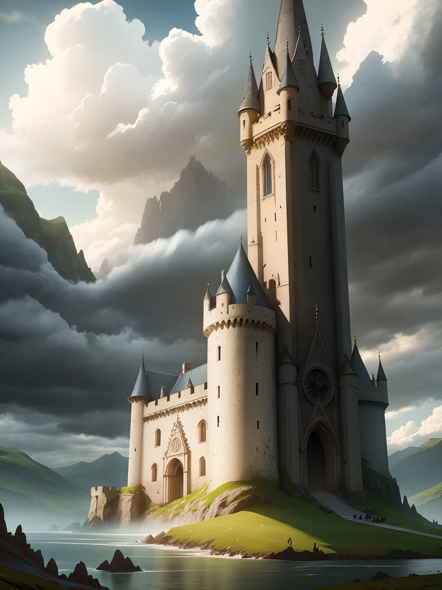 ConceptArt, landscape, nobody, outdoors, clouds, sky, castle, bridge, grass, tower, building, mountains, cloudy sky, landscape, day, Exodus_Style