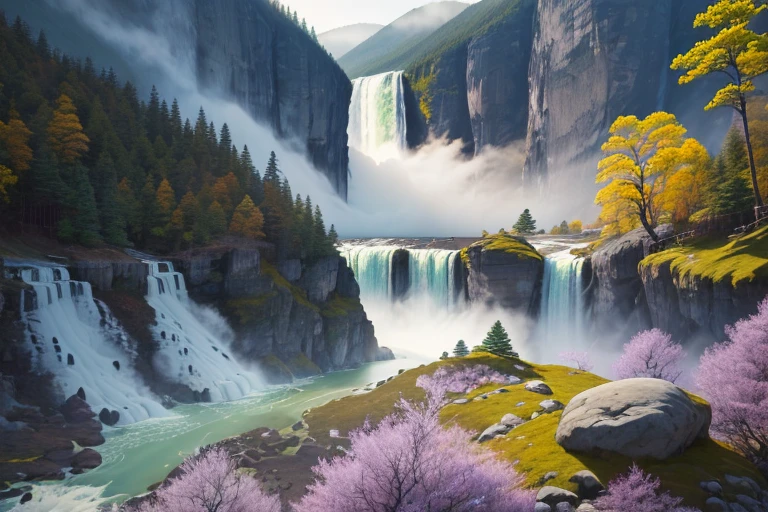 A picturesque landscape painting showcasing a mountainous region with a waterfall cascading into a river. The sun shines brilliantly in the sky, casting warm rays of light over the landscape and creating a haze of purple smoke rising from an incense burner in the foreground. In the distance, the viewer can see the majestic waterfall and the misty spray it creates as it crashes into the river below. The atmosphere is peaceful and serene, evocative of the famous poem "Viewing the Waterfall at Mount Lu" (日照香炉生紫烟，遥看瀑布挂前川). Created using traditional Chinese ink painting techniques or watercolor, with an emphasis on capturing the beauty and tranquility of nature.