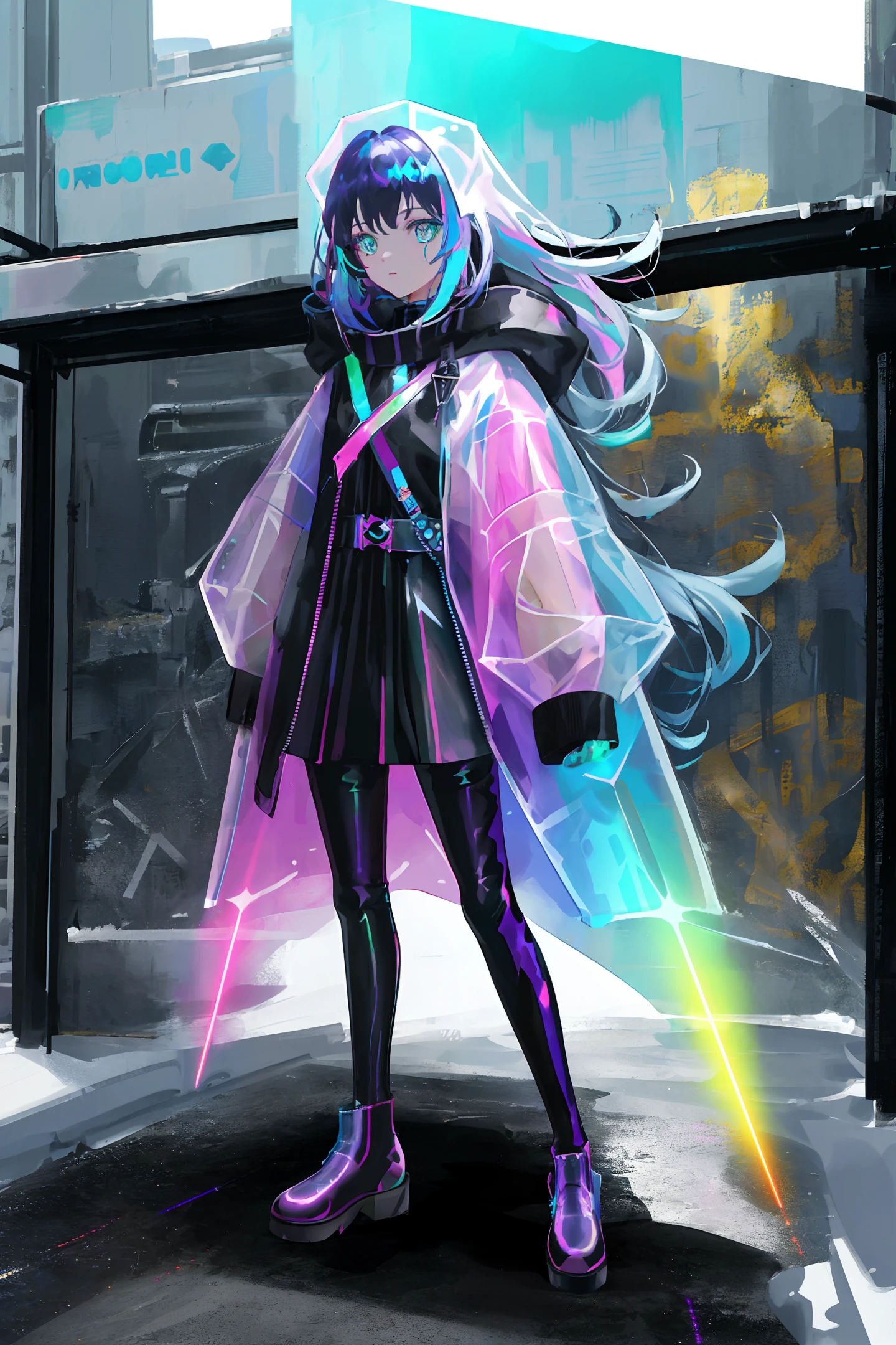 1 girl wearing ((colorful laser transparent PVC texture)) coat and shoe, Thin Film Interference, whole body, beautiful eye, luster, jewelry, portrait, game original painting, anime character concept design, beautiful face, black background