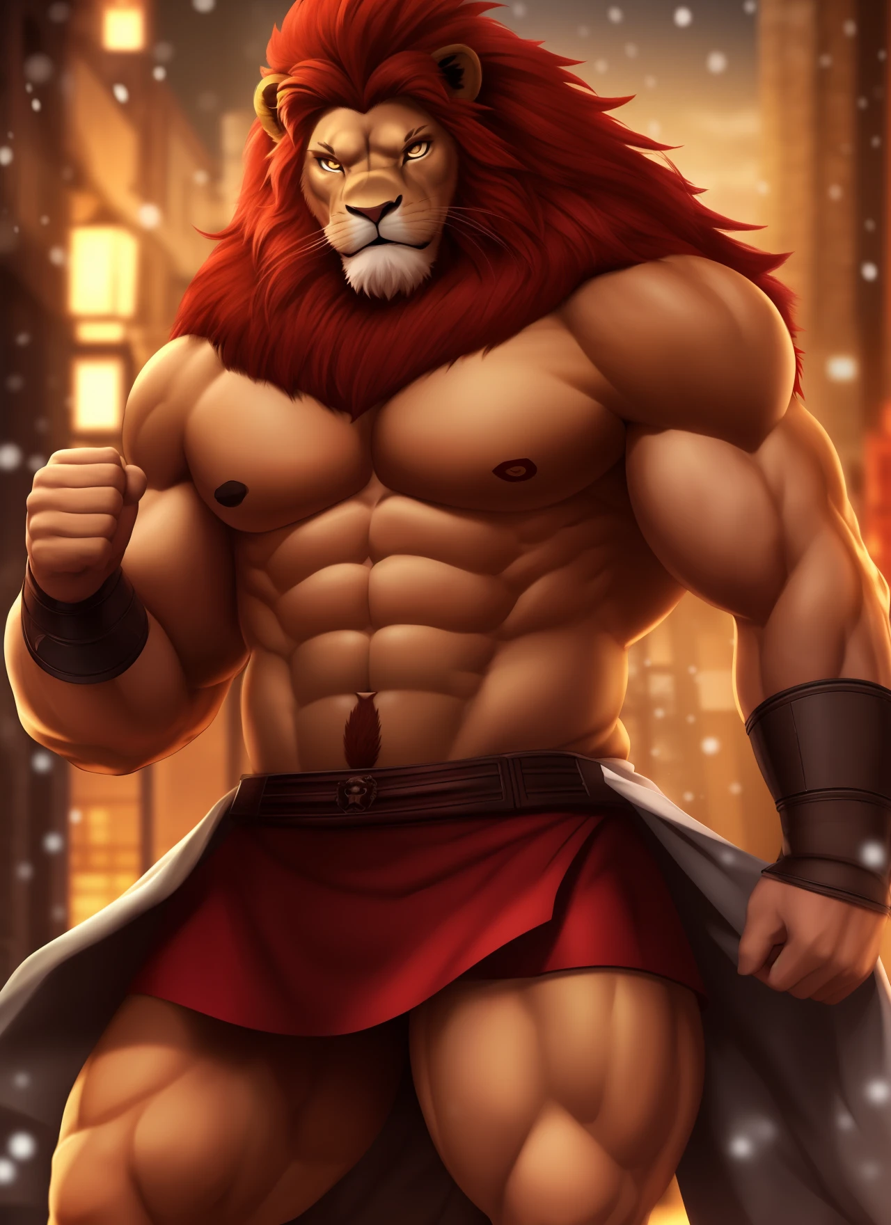 muscular, male, (lion head: 1.0), furry, kemono, photo, realism, cgi, gentle man, (winter dress: 1.2), iron fist, glowing eyes, red hair, (baki: 1.2), teeth, smile