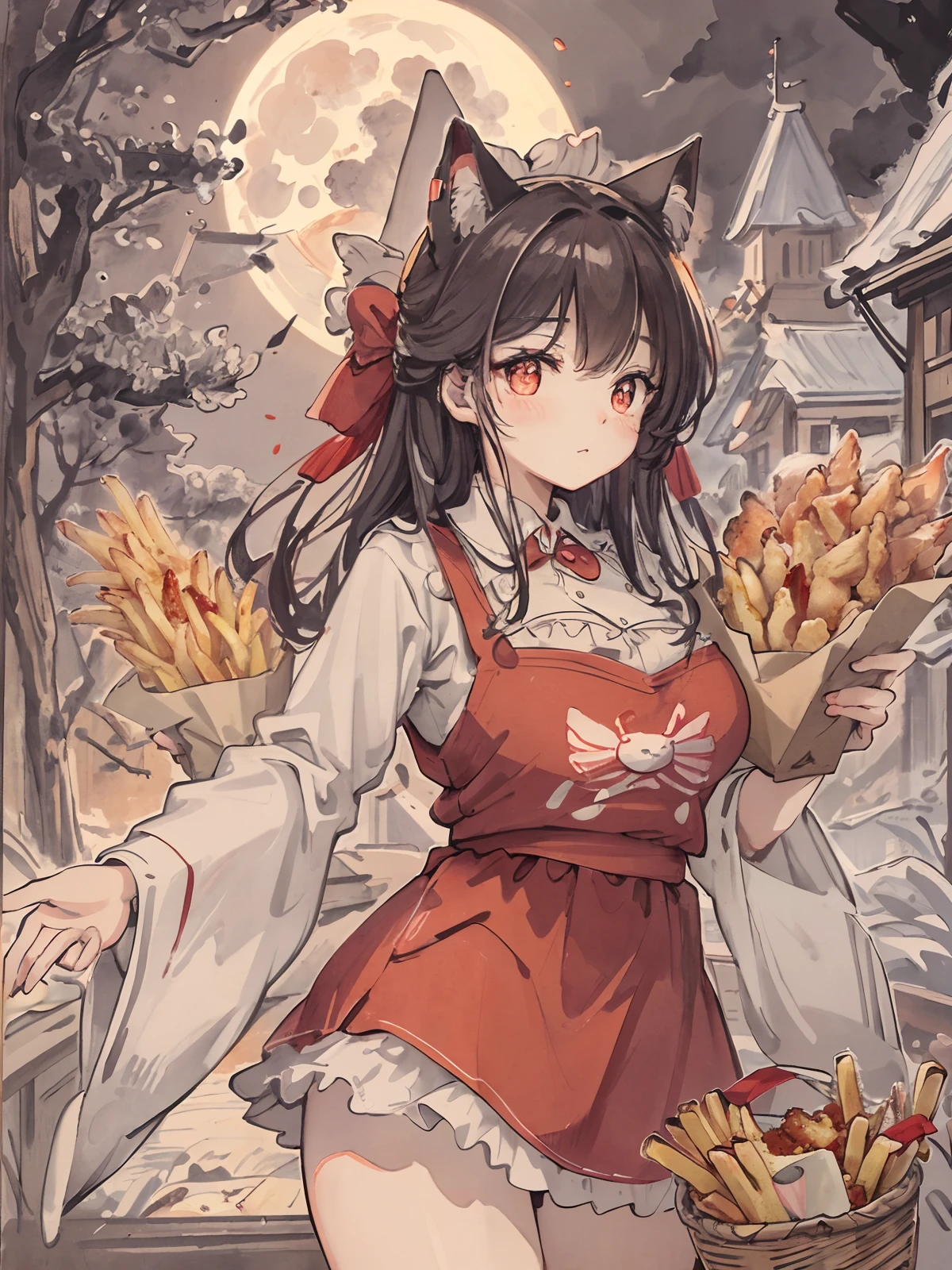 An exquisite CG illustration showcases a cute cat with big eyes enjoying crispy fried chicken and French fries in front of a KFC under the full moon. The cat is wearing a red outfit.