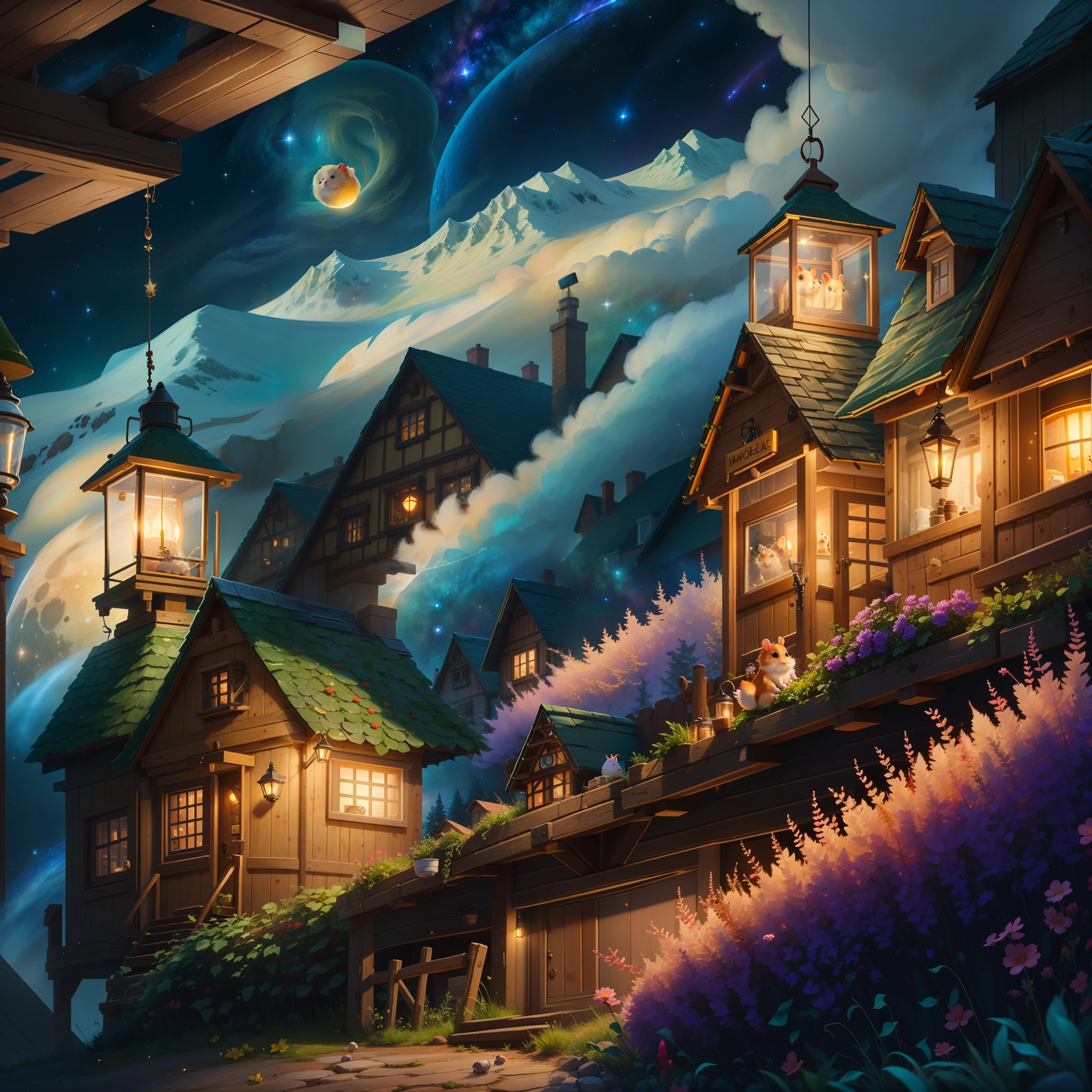 "A masterpiece with best quality, ultra-detailed CG illustration of a cute hamster on the moon, savoring a cup of coffee in a small cozy setting, surrounded by beautiful stars and a breathtaking view of the galaxy. The scene is dynamic, capturing the hamster in a playful pose with twinkling eyes and a happy expression. The lighting is perfect, with a warm glow illuminating the scene, creating a magical and charming atmosphere. This artwork is truly a delight for anyone who loves the beauty of space, cute animals, and a warm cup of coffee."