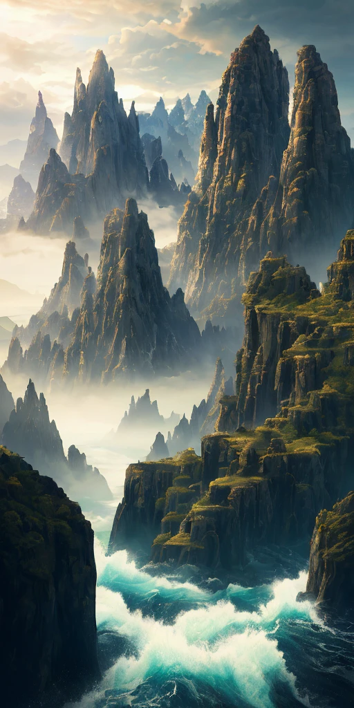 Masterpiece, superb, high quality, extremely detailed CG unity 8k wallpaper, landscape, Cthulhu, wasteland, clouds, sky, mountains, scenery, water, trees, blue sky, cliffs, blood river, cloudy sky, award winning photography, background bokeh, depth of field, HDR, bloom, chromatic aberration, photorealism, very detailed, trending on artstation, trending on CGsociety, intricate, high detail, dramatic, half way art