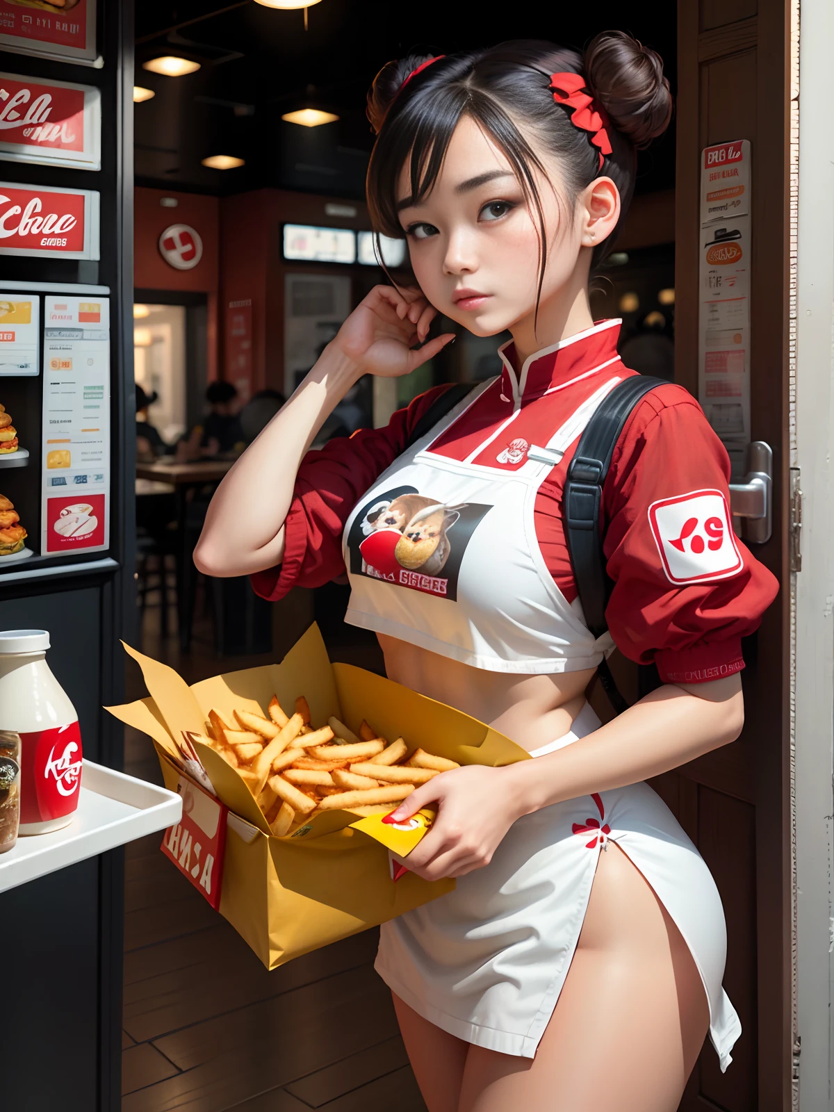 Masterpiece, best, acgirl, 1girl, double buns, food, hair bun, red bottom, bun cover, hair accessories, solo, KFC burger, cola, French fries, fried chicken, family bucket, Chinese clothing, (kbxll:0.6)