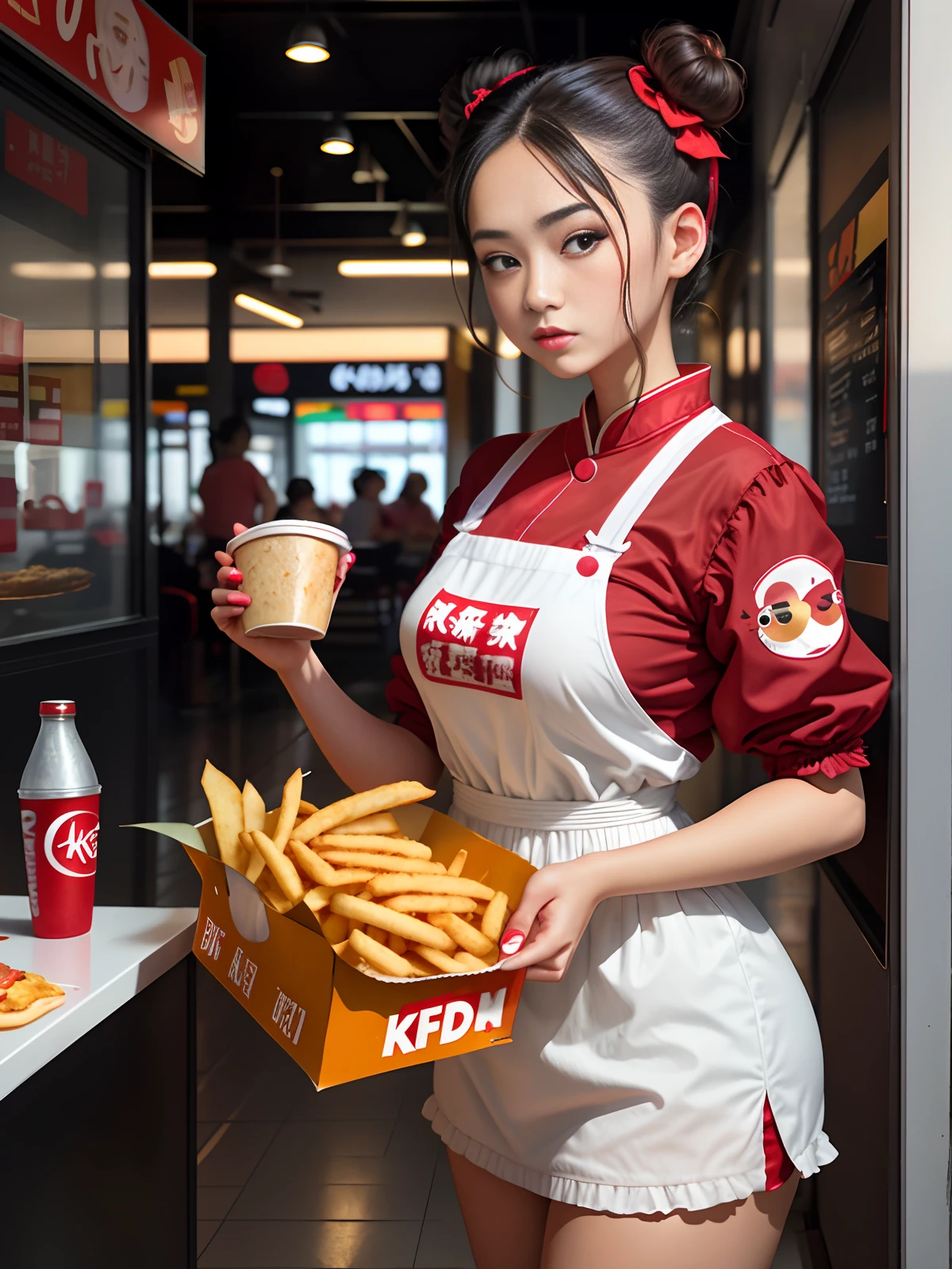 Masterpiece, best, acgirl, 1girl, double buns, food, hair bun, red bottom, bun cover, hair accessories, solo, KFC burger, cola, French fries, fried chicken, family bucket, Chinese clothing, (kbxll:0.6)