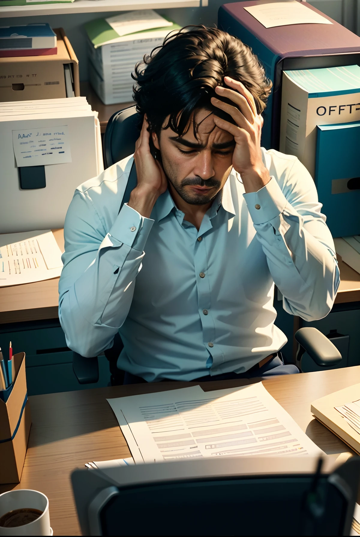 Depressed office, man sitting at desk, documents flying around, bust portrait, panorama, man takes only one third of the frame, man closes eyes and thinks, props head in hands, high definition illustration