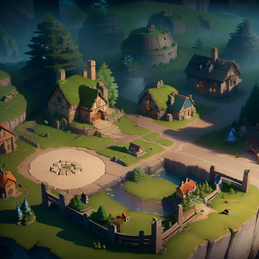 a computer generated image of a small village, epic legends game icon, ebay listing thumbnail, fortress mega structure city, supply chain economics, aoe2, watertank, ios icon, round-cropped, mining outpost, archers, small manufacture, inspired by Pieter van Anraedt, bunker, hut
