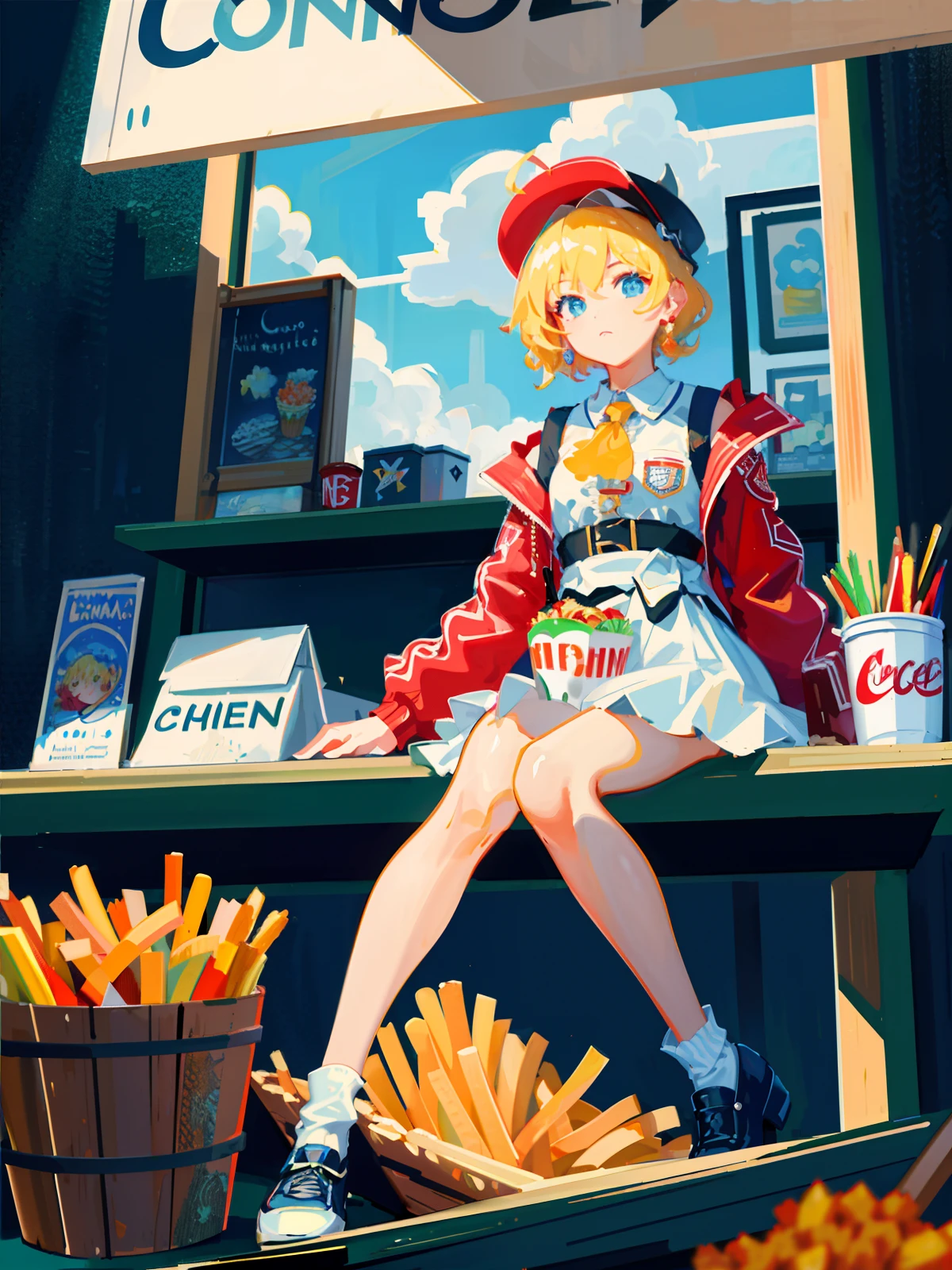 [(transparent background: 1.5)::5],(((masterpiece))),(((best quality))),(((extremely detailed))),illustration,1girl,solo,mysterious,vivid color,shiny , (Impressionist: 1.4), Van Gogh, KFC Burger, Coke, French Fries, Fried Chicken, Family Bucket