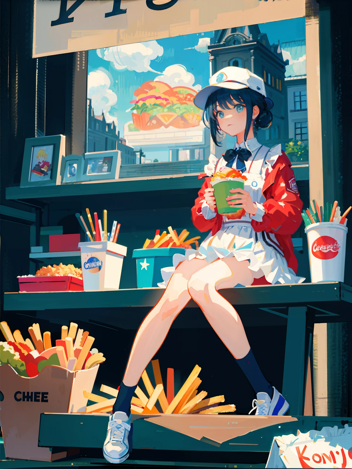 [(transparent background: 1.5)::5],(((masterpiece))),(((best quality))),(((extremely detailed))),illustration,1girl,solo,mysterious,vivid color,shiny , (Impressionist: 1.4), Van Gogh, KFC Burger, Coke, French Fries, Fried Chicken, Family Bucket