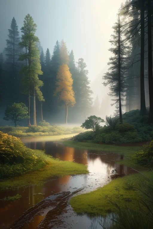 Intricate 3D renderings, masterpiece, best picture quality, (very detailed CG unity 8k wallpaper), best illustrations, best shading, dynamic lighting, surreal landscapes, secluded forests and intricate buildings , bathed in dark and ethereal light, highlighting every intricate detail of things, adding a dreamlike quality to scenes, primitive times, barbaric times, canyons, details, muddy ground, rainy weather, telephoto lenses, beautiful glow detail, highly detailed, dynamic, cinematic, stunning lighting, octane rendering, ray tracing, concept art, realistic, hyperreal, unreal engine 5