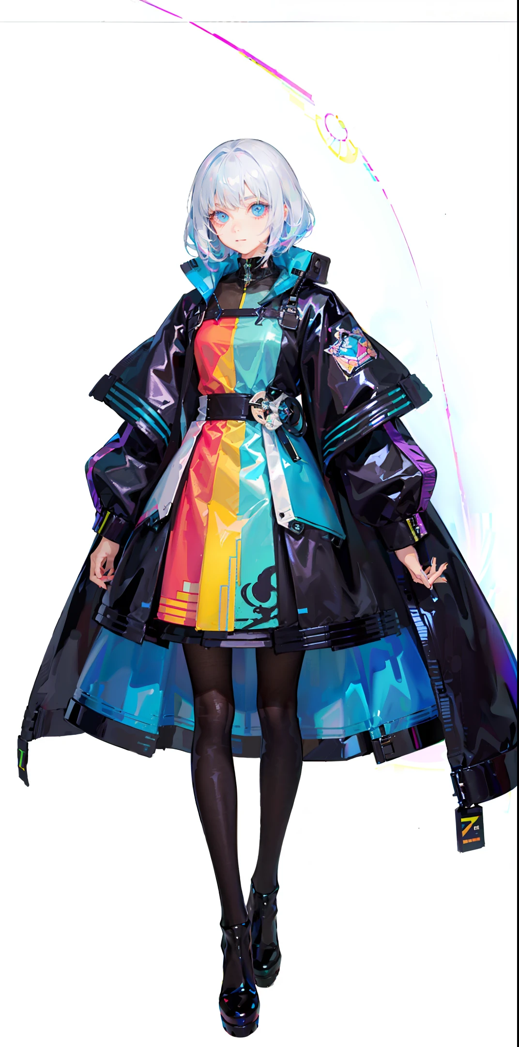 1 girl wearing ((colorful laser transparent PVC texture)) coat and shoe, Thin Film Interference, whole body, beautiful eye, luster, jewelry, portrait, game original painting, anime character concept design, beautiful face, white background, masterpiece, best quility, high_quality, high_resolution