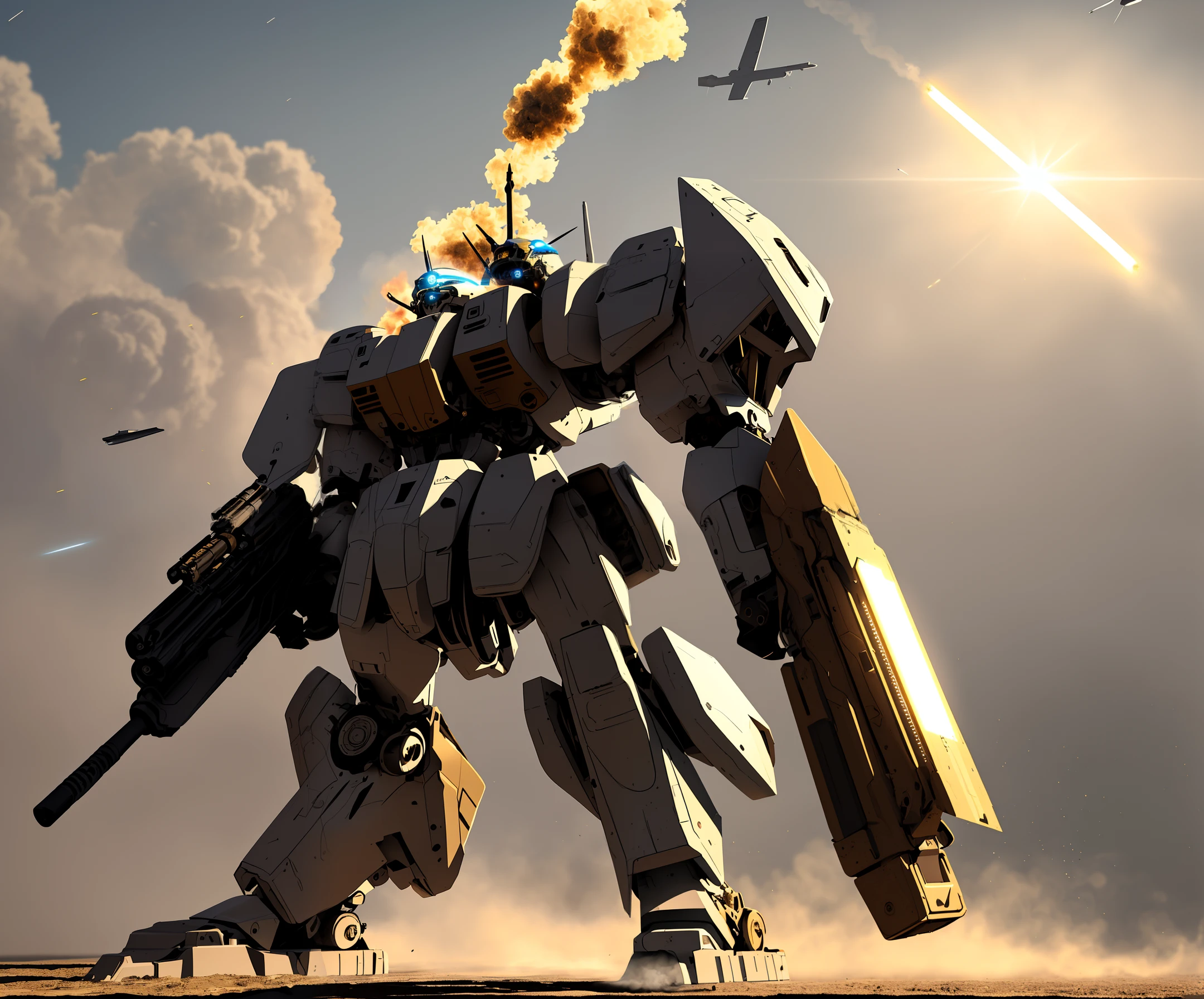 ((dramatic angle:1.2),(dynamic pose),(extremely delicate and beautiful mobile-suits),(8k wallpaper, masterpiece, best quality, illustration),no humans,(black:2+gold:0.2+blue:1 machine body),(huge weapon),science fiction ,nobody, solo, open hand, full body, mechanical wings, standing, glowing eyes ,cloud, purple lightsaber, flying, sunshine, realism, fragmentation, dust, smoke, explosion in background)