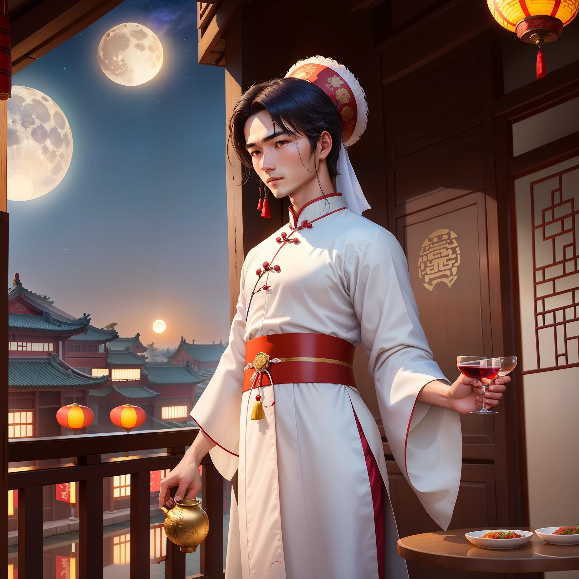 In a restaurant in Kaifeng Prefecture in the Song Dynasty in ancient China, a handsome boy in white clothes stood on the roof and looked into the distance, holding a pot of wine in his hand. The sky was a bright moon, and a beautiful woman in white clothes was reflected in the bright moon.