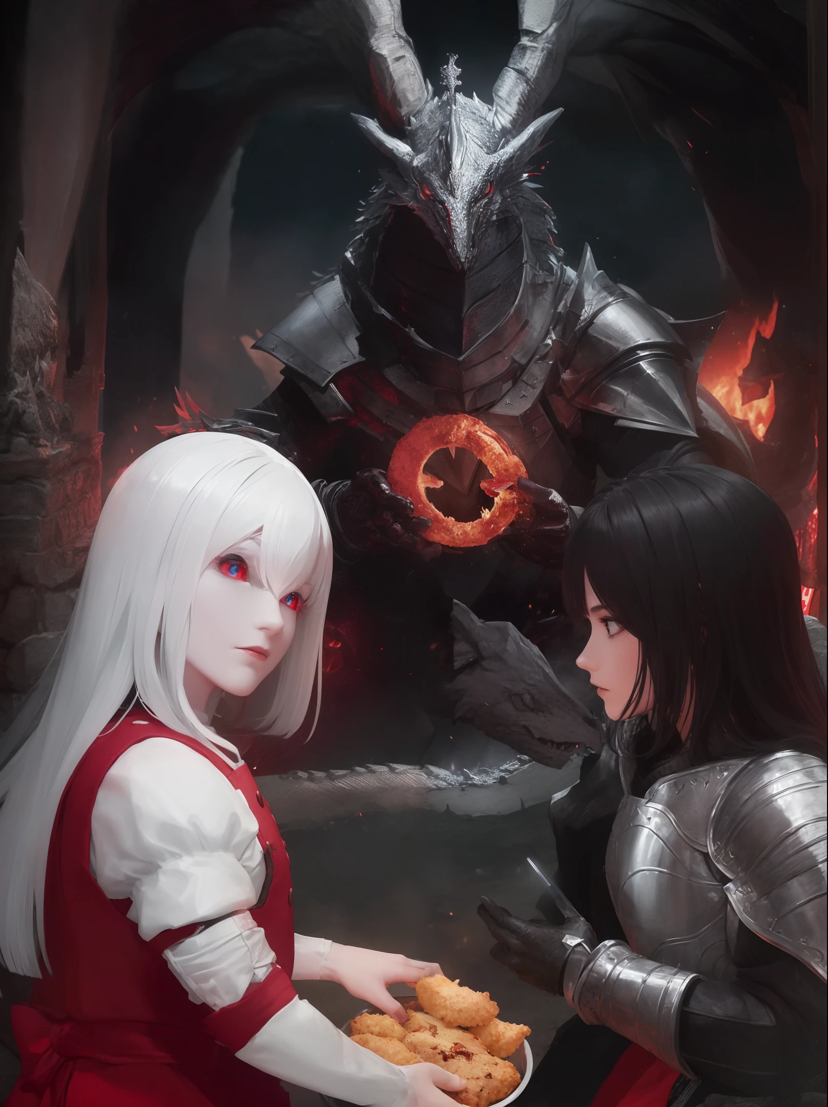 Amid haunting moonlight and crackling fire, an epic battle ensues, with brave knights wielding bloody swords (((KFC))). They face ferocious dragons, their intricate medieval armor gleaming under lights inspired by Dark Souls. Soft shades of gray and white add a bold touch to the scene.