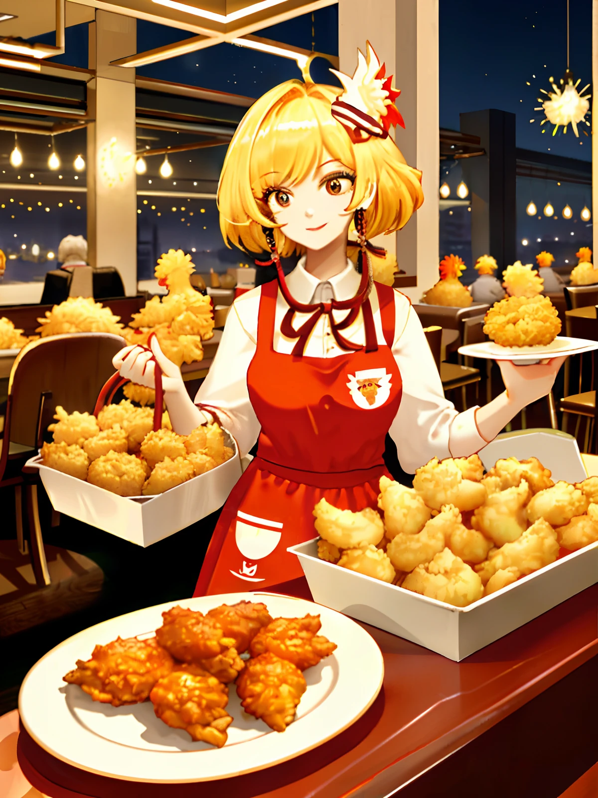 (extremely detailed CG unity 8k wallpaper,masterpiece, best quality, ultra-detailed),(best illumination, best shadow), a mouth-watering feast of savory fried chicken, crispy golden breading, juicy and tender meat,(1girl) in a KFC uniform, playful and inviting expression,(black hair)|(blonde hair:1.2), white apron, holding a tray of delicious chicken, (multiple buckets of chicken), greasy fingers, happy customers in the background,

[*(red and white stripes:1.3+colonel_sanders:1.2+wings:1.1+ketchup:0.9)*],

(picturesque restaurant, festive atmosphere, mouth-watering aroma, irresistible temptation, dining tables and chairs, bustling crowds, bright lights, KFC logo shining in the night).