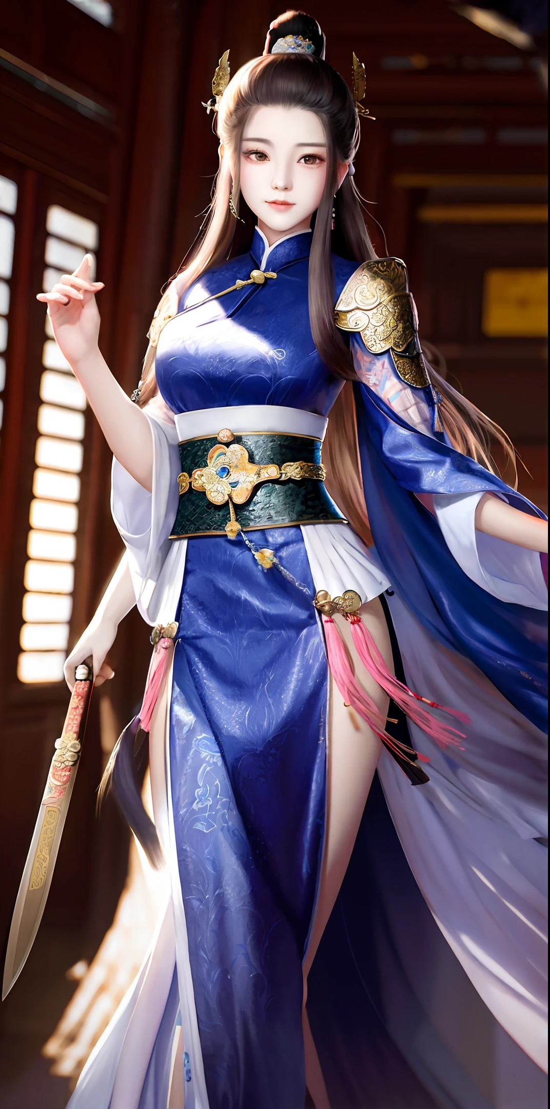 Bokeh, inside the imperial palace of the Song Dynasty in ancient China, a beautiful woman with long hair, wearing clothes and armor of the Song Dynasty, with a long knife across her waist