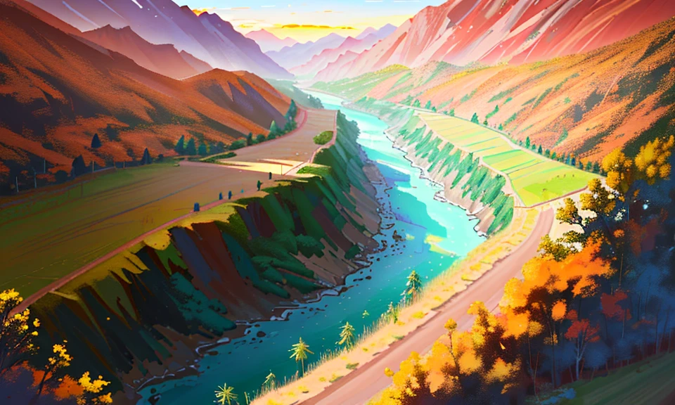 in the middle, a valley, el valle del tránsito, in Chanchoquín in Chile, with a lot of trees in the laders with a little village under, with a river in the middle and a bridge that pass trough the valley, digital painting, homesick, on a sunset-imagine