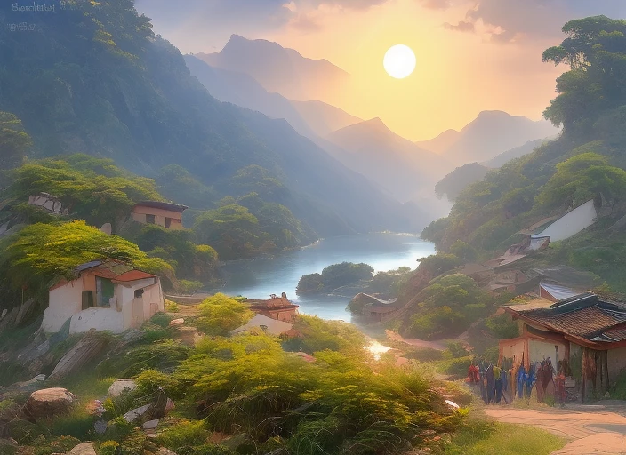 in the middle, a valley, el valle del tránsito, in Chanchoquín in Chile, with a lot of trees in the laders with a little village under, with a river in the middle and a bridge that pass trough the valley, digital painting, homesick, on a sunset-imagine