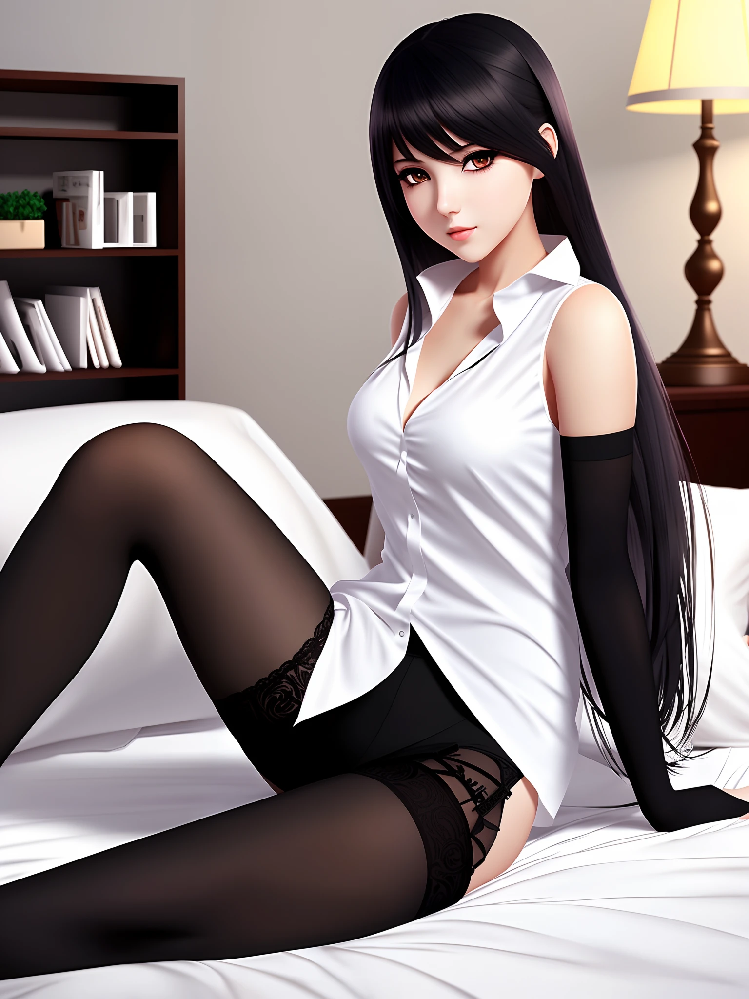 1 girl, single character, super high-quality CG art style, charming silhouette, lying cross-legged on the bed, full of irresistible exotic charm. Well-dressed, wearing a white shirt and black stockings, with provocative eyes and sophisticated makeup
