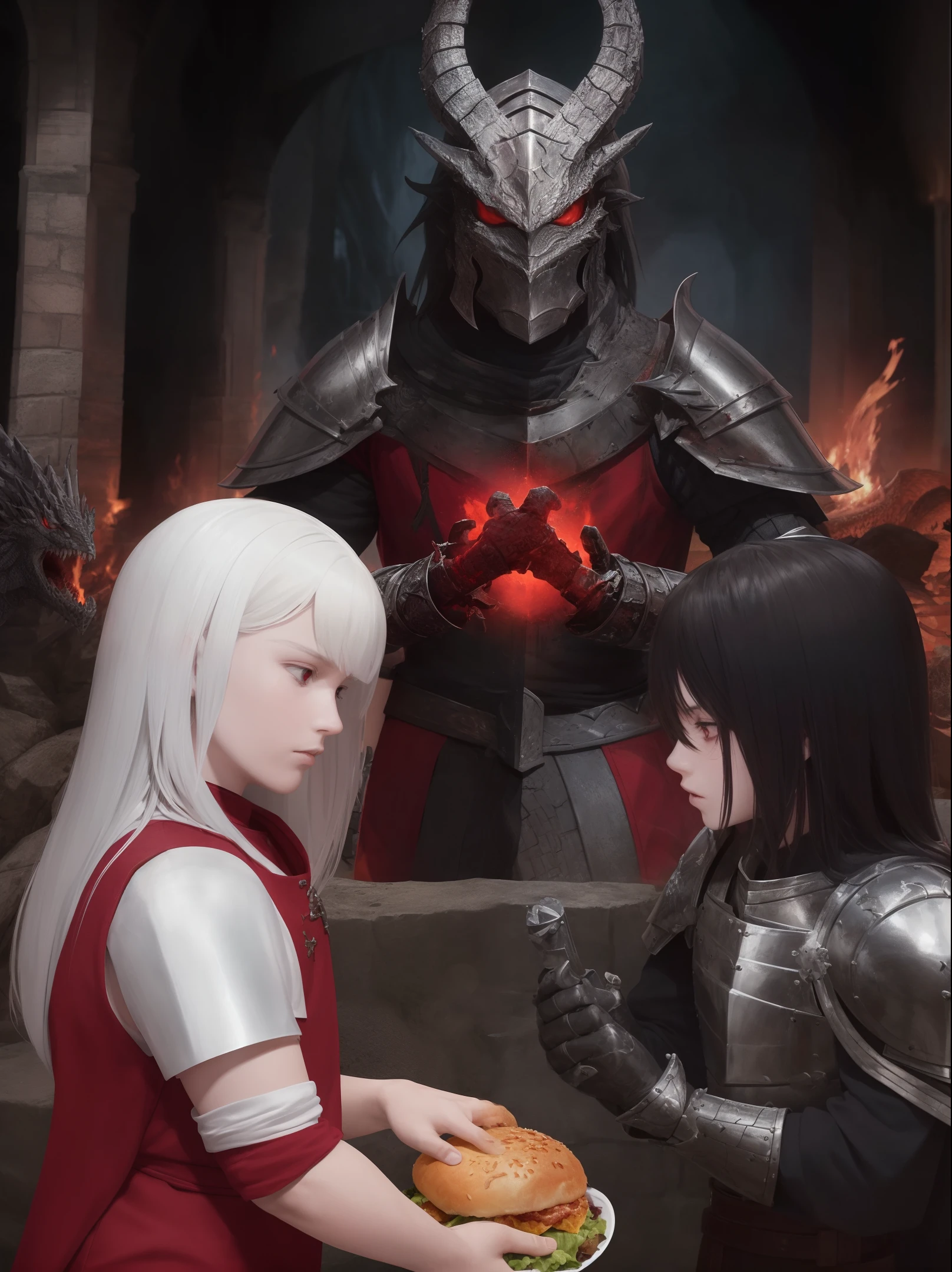 An epic battle scene unfolds as brave knights wield bloody swords fighting for KFC while confronting ferocious dragons against a haunting backdrop of moonlight and crackling fire. Intricate medieval armor glistens in Dark Souls-inspired lighting, and a touch of off-white adds boldness to the scene. KFC burger in hand