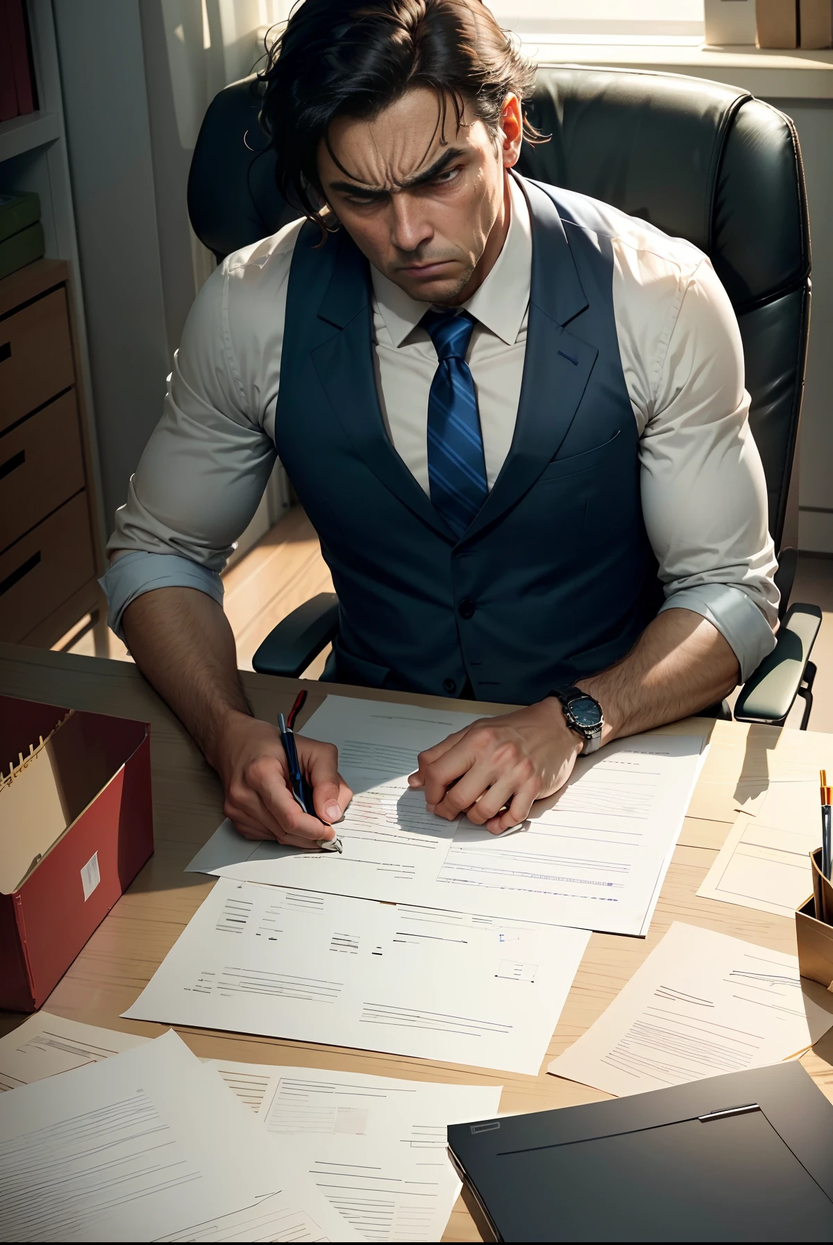 An exhausted and miserable businessman, sitting alone in his spacious office, slams his hand on the polished desk with frustration to release his pent-up anger.
