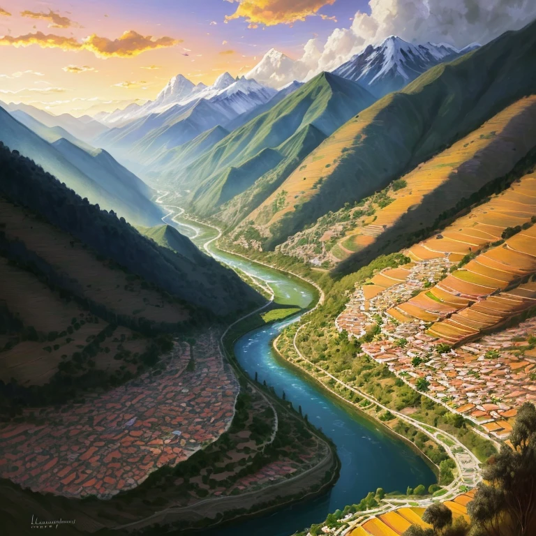 in the middle, a valley, el valle del tránsito, in Chanchoquín in Chile, with a lot of trees in the laders with a little village under, with a river in the middle and a bridge that pass trough the valley, digital painting, homesick, on a sunset-imagine
