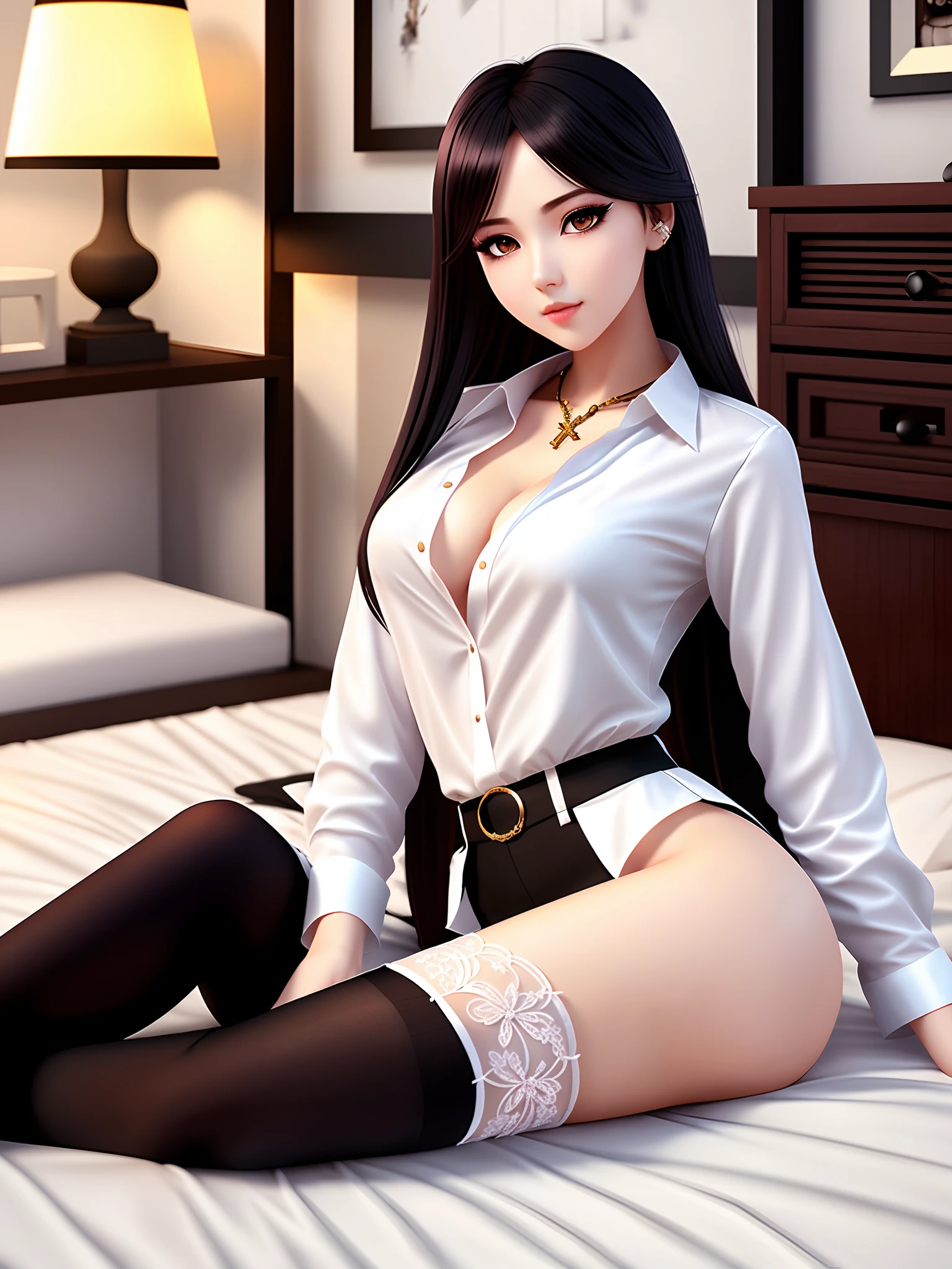 1 girl, single character, super high-quality CG art style, charming figure, lying cross-legged on the bed, full of irresistible exotic charm. Well-dressed, wearing a white shirt and black stockings, provocative eyes, exquisite makeup