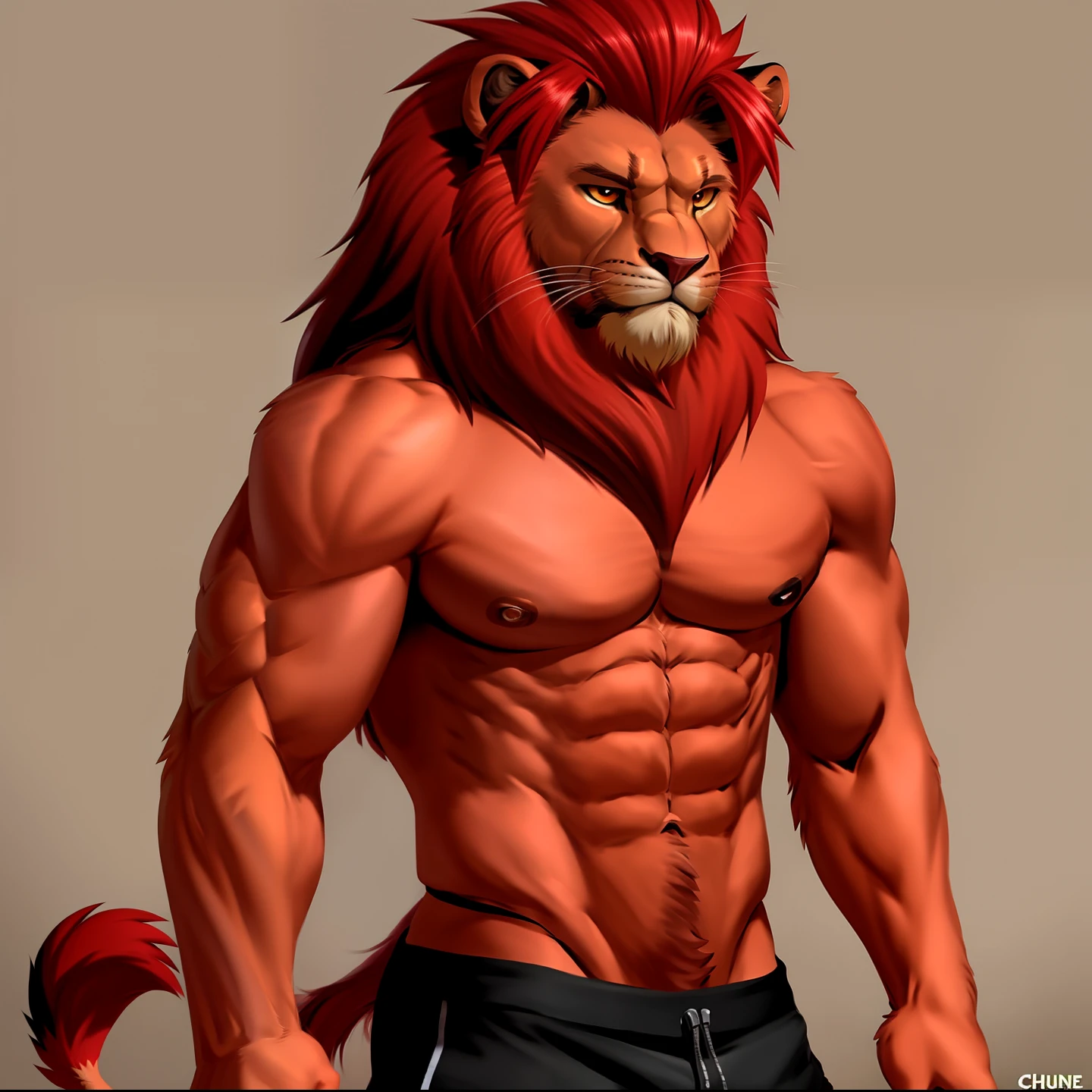 Handsome muscular lion furry, red hair, muscular, handsome, (by chunie)