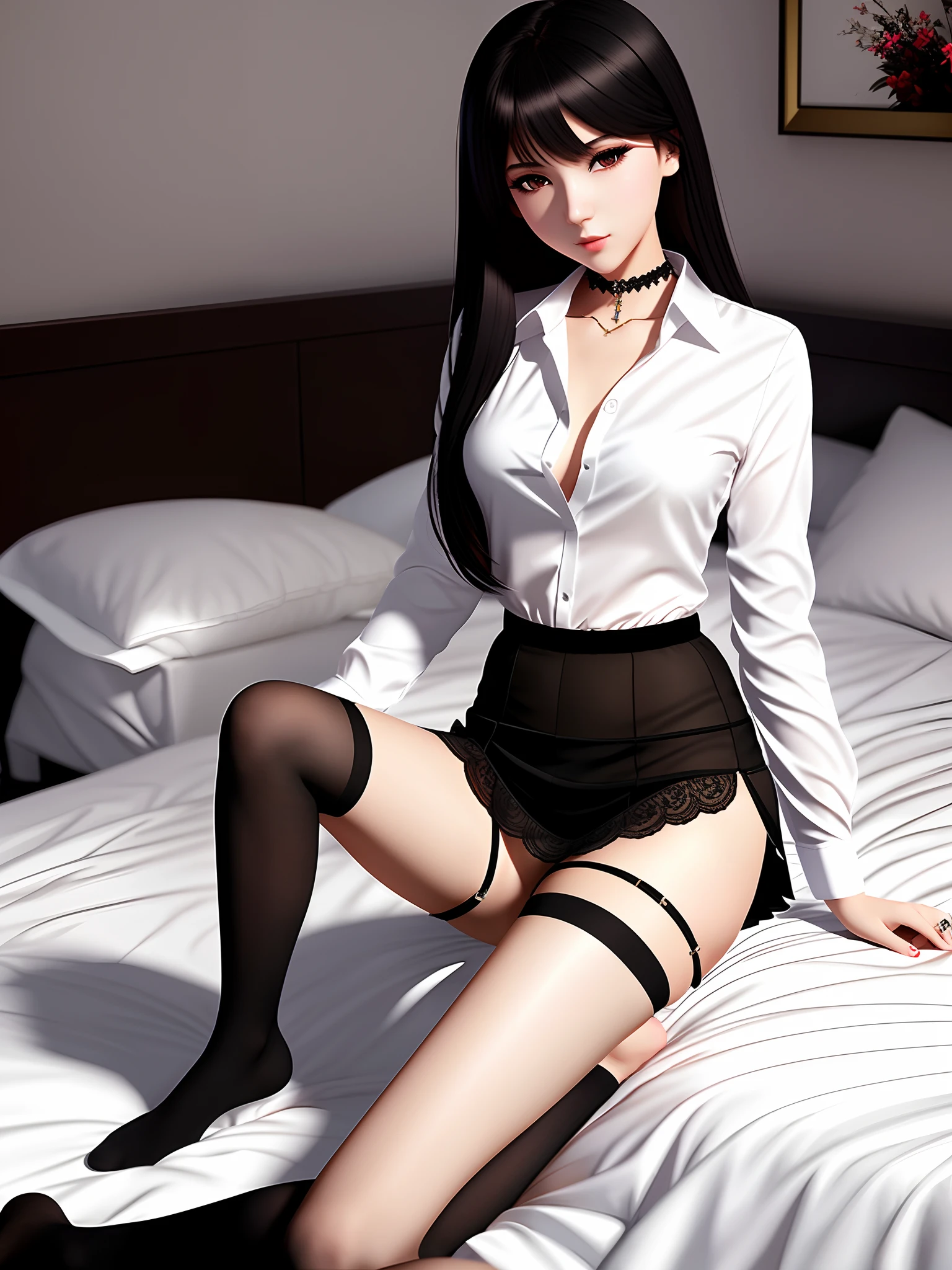 1 girl, single character, super high-quality CG art style, charming silhouette, lying cross-legged on the bed, full of irresistible exotic charm. Well-dressed, wearing a white shirt and black stockings, with provocative eyes and sophisticated makeup