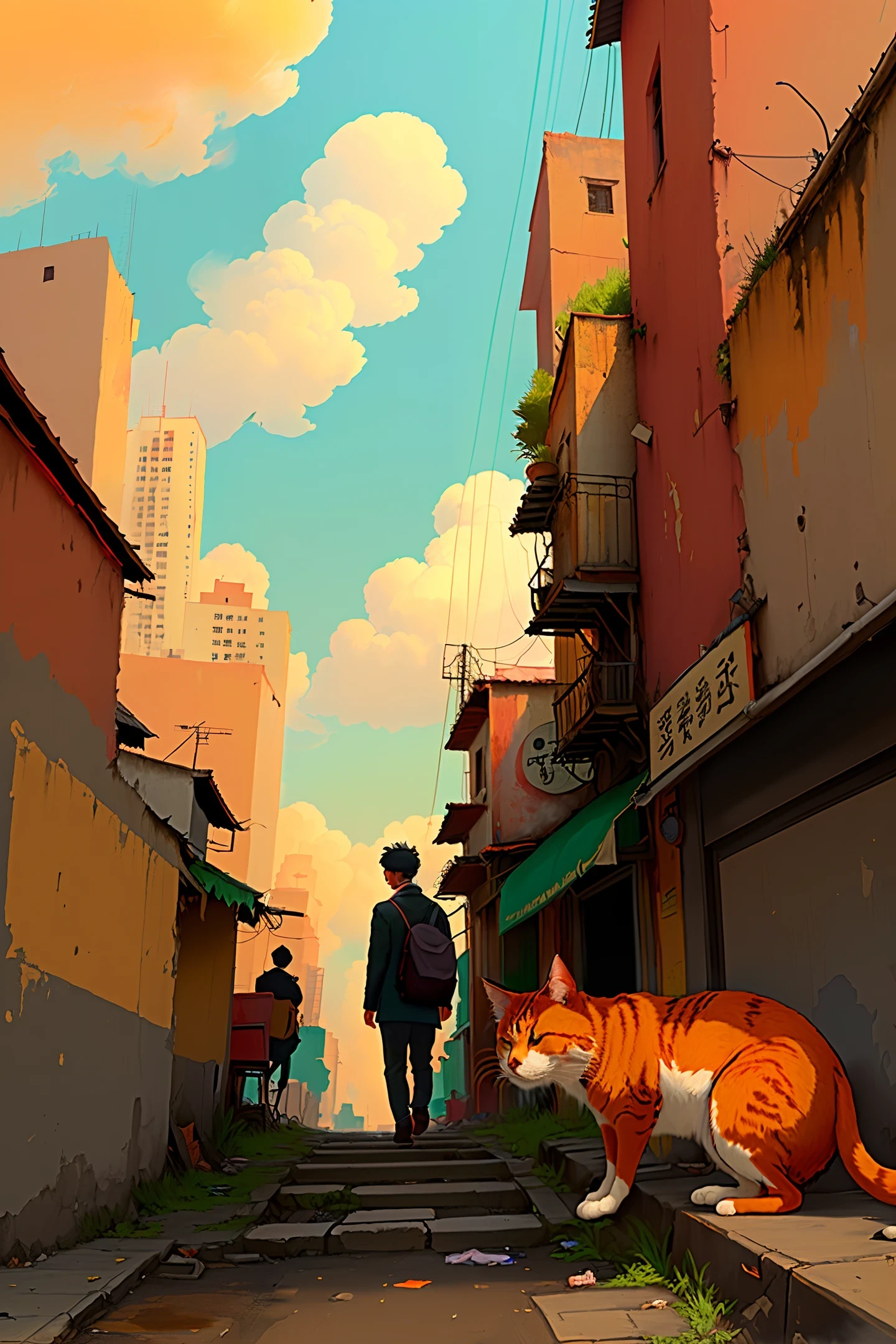 The dilapidated streets are surrounded by high-rise buildings. A decadent young man is smoking a cigarette. Behind him is a &quot;Henan Lumian&quot; shop. He is followed by an orange cat. A passenger plane flies far in the sky. The overall painting style is pale and depressing.