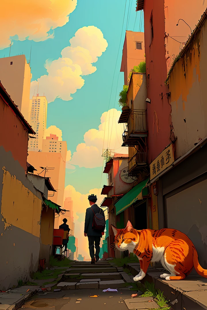 Dilapidated streets surrounded by tall buildings. A decadent young man is smoking a cigarette. Behind him is a &quot;Henan Lumian&quot; shop. He is followed by an orange cat. A passenger plane flies far in the sky. The overall painting style is pale and depressing. The street scene is composed of two different time and space, generally decadent, generally high-tech cyber style.