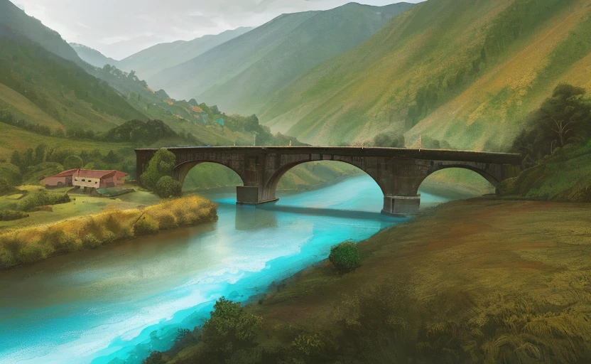 in the middle, a valley, el valle del tránsito, in Chanchoquín in Chile, with a lot of trees in the laders with a little village under, with a river in the middle and a bridge that pass trough the valley, digital painting, homesick, on midnight, highly detailed, cold and warm light